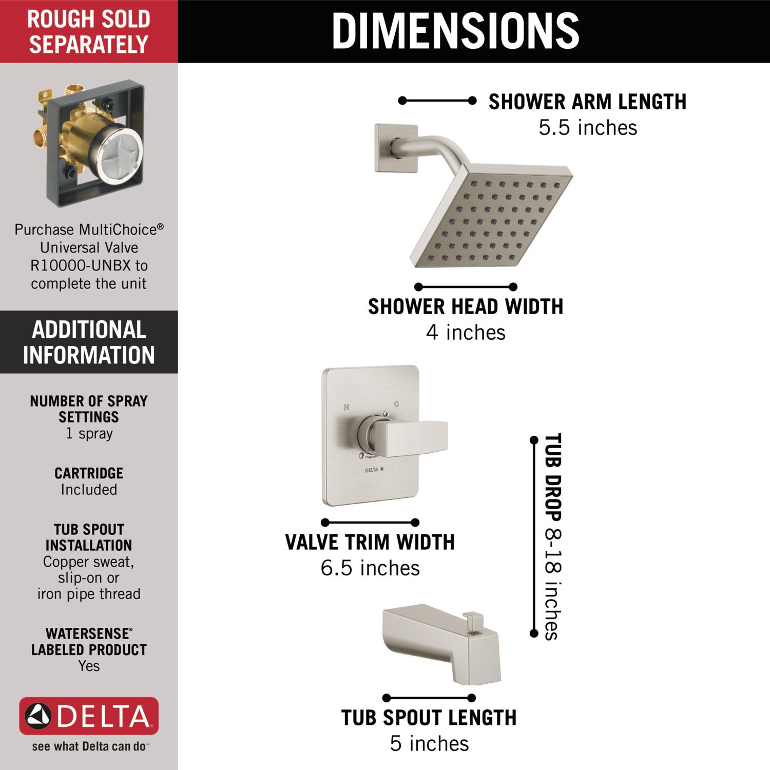 Stainless Steel Square Wall Mounted Tub and Shower Trim Kit