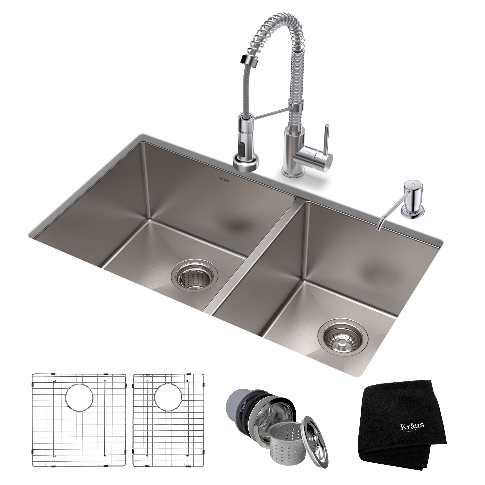 Kraus KHU103-33-1610-53CH Standart PRO Undermount 32.75-Inches x 19.0-Inches Stainless steel Double offset bowl 16 -Gauge Kitchen Sink All-in-One Kit