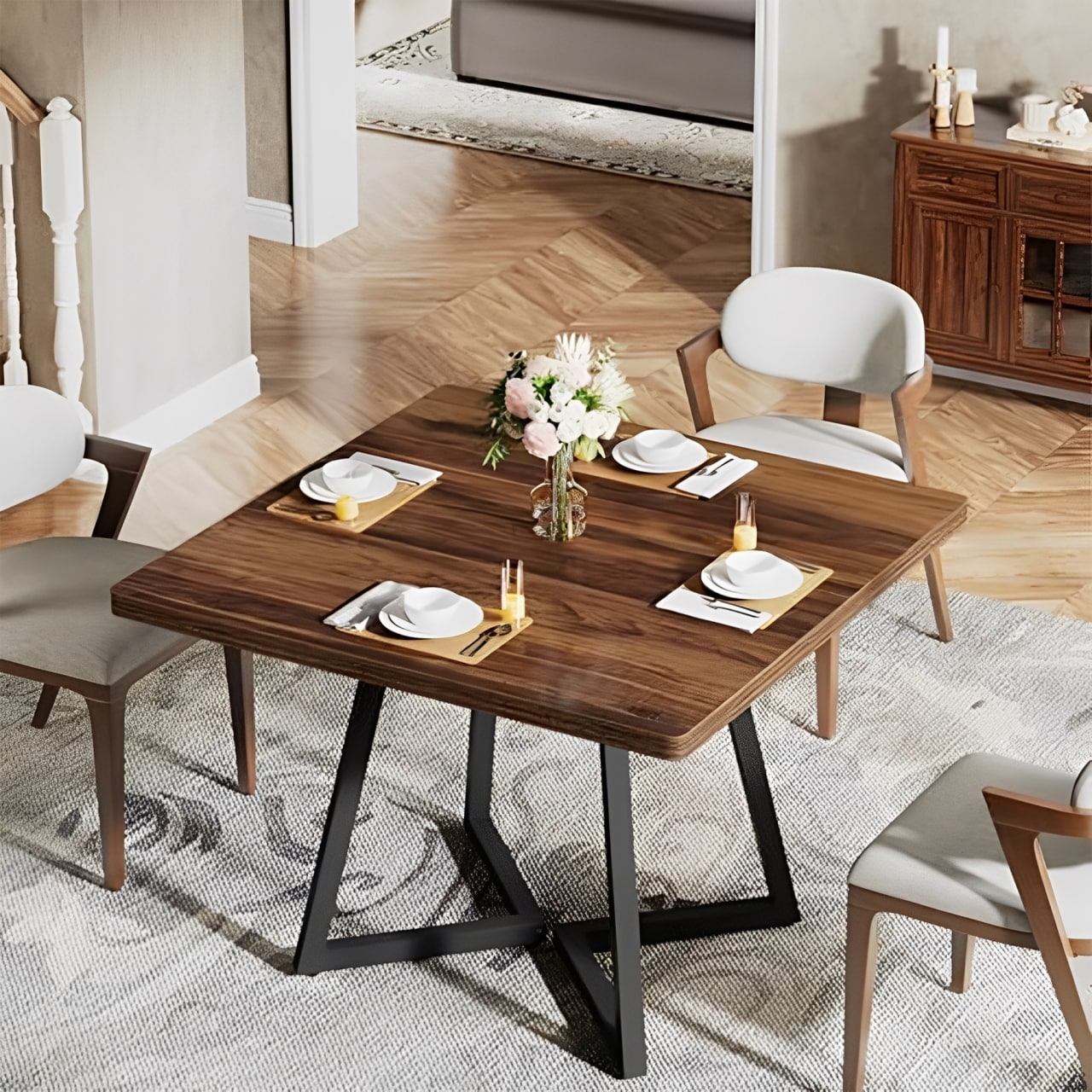 EXTRAUP YHLW46541457 Square Dining Table Brown Contemporary/Modern MDF Dining Table, with Black Finish and Metal Pedestal Base 31.5-in L x 29.52-in H