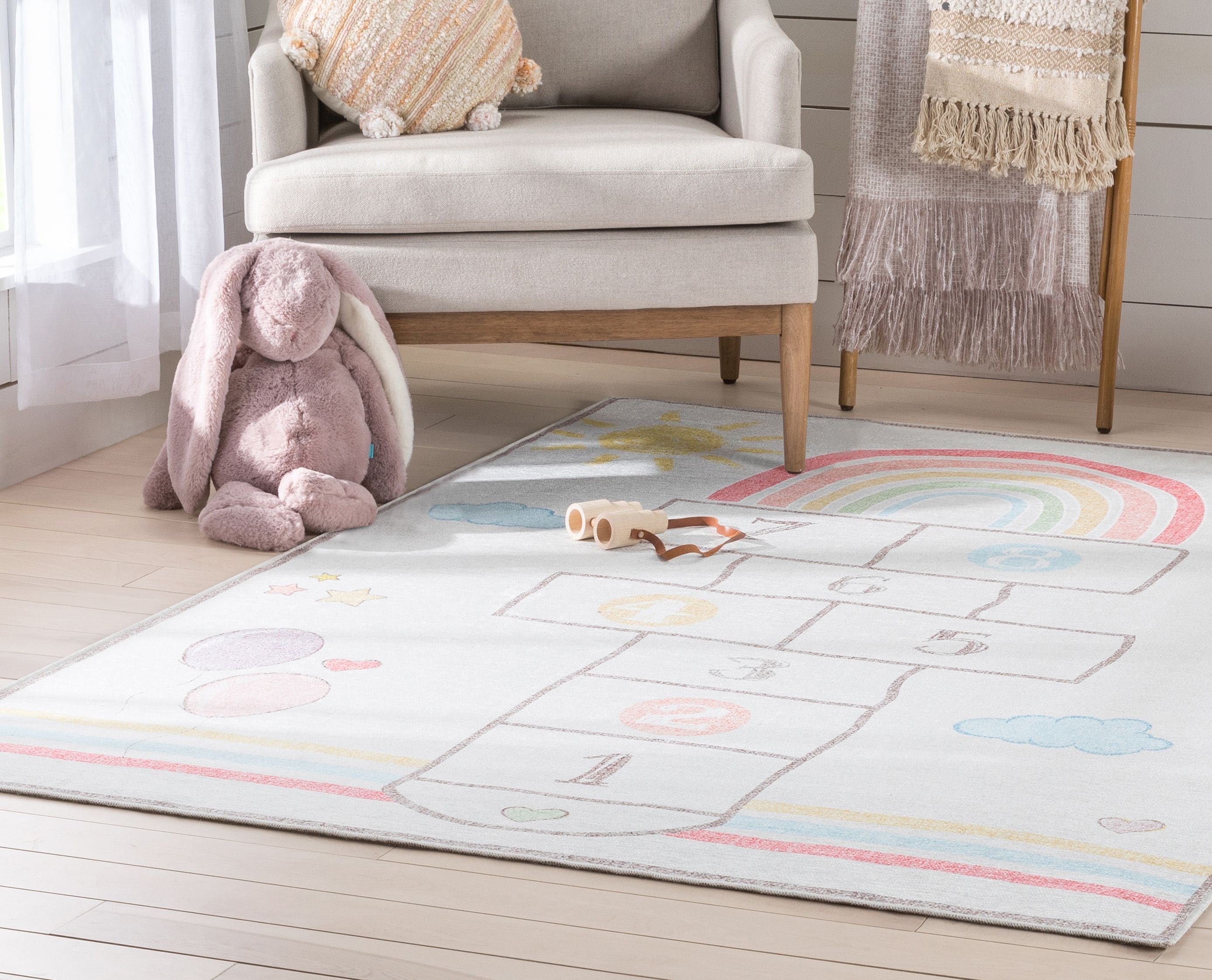 Kids Rainbow Hopscotch Playmat Rug 5' x 7' Synthetic