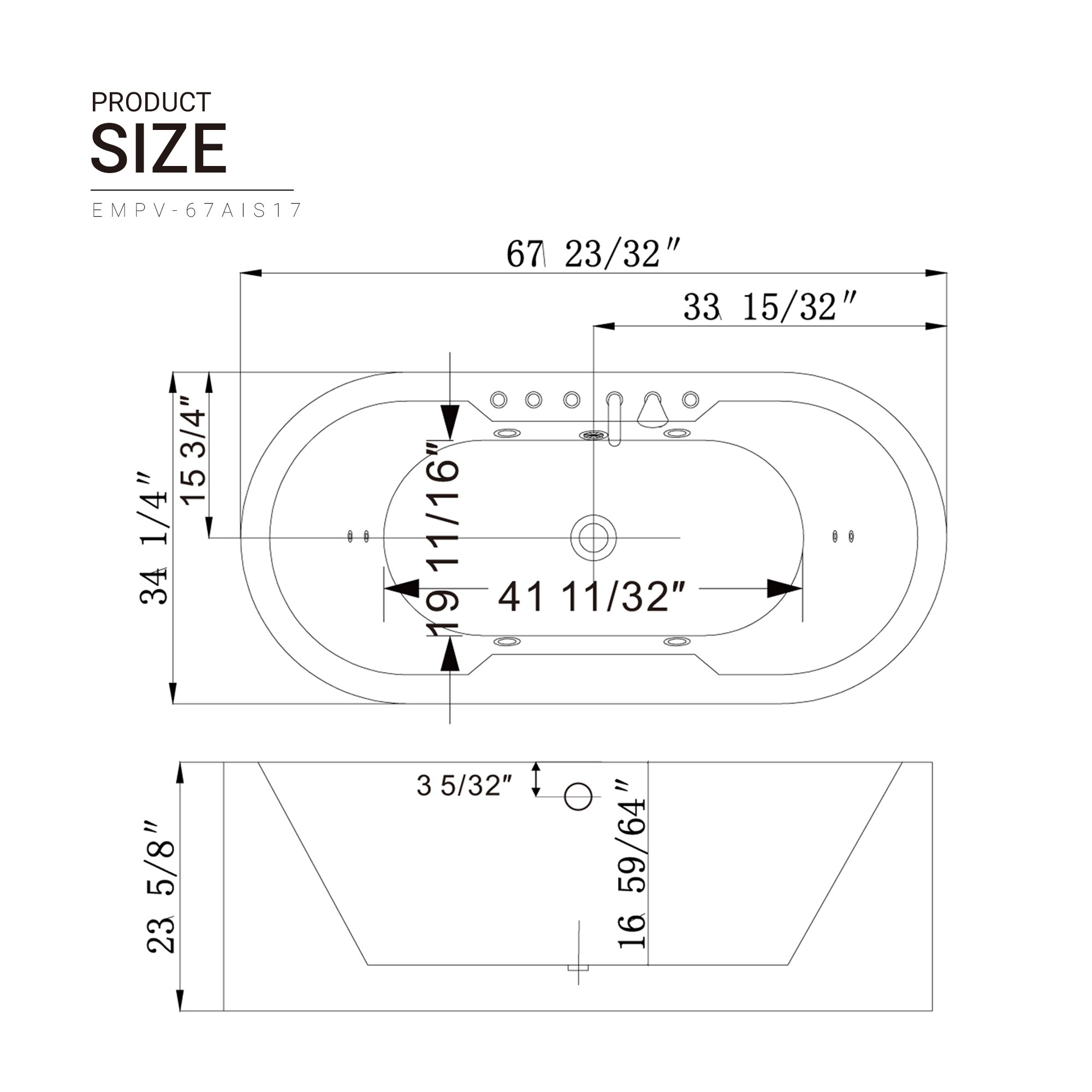 Empava Modern 34.2-in x 67-in White Acrylic Oval Freestanding Whirlpool Tub  with Faucet, Hand Shower and Drain (Center Drain) at