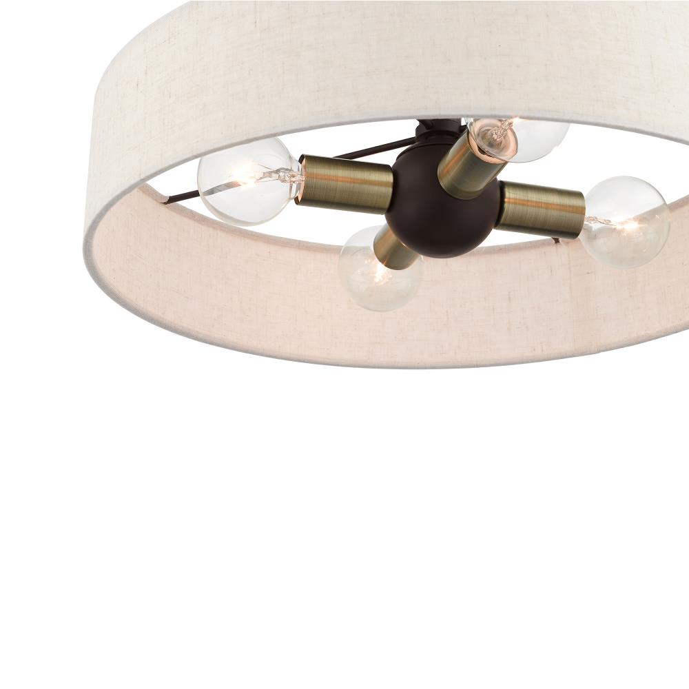 Bronze Antique Brass 4-Light Drum Semi-Flush Mount with Oatmeal Shade