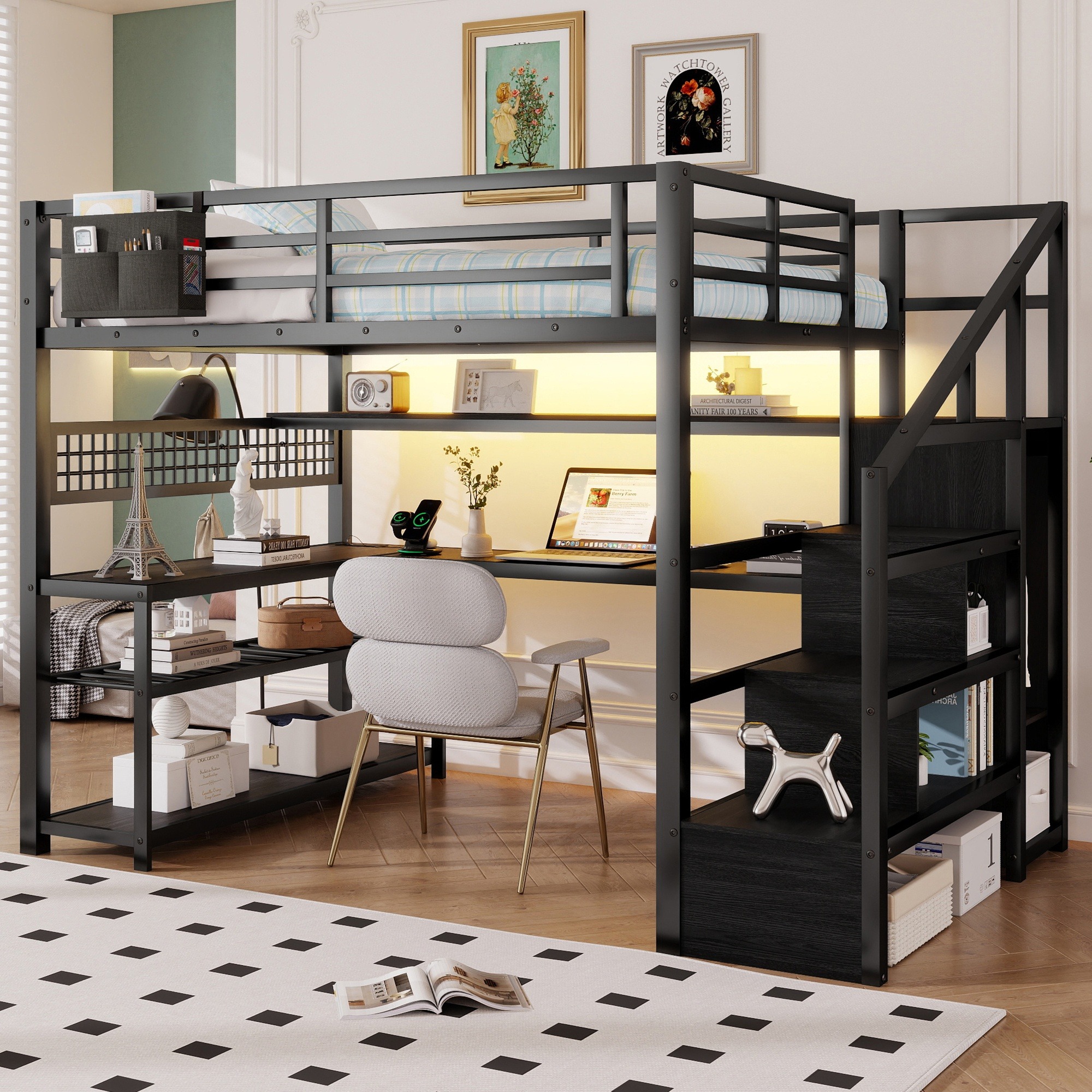Horizons Prime Full Black Metal Loft Bed with Staircase and Wardrobe with L-Shaped Desk and LED Lights