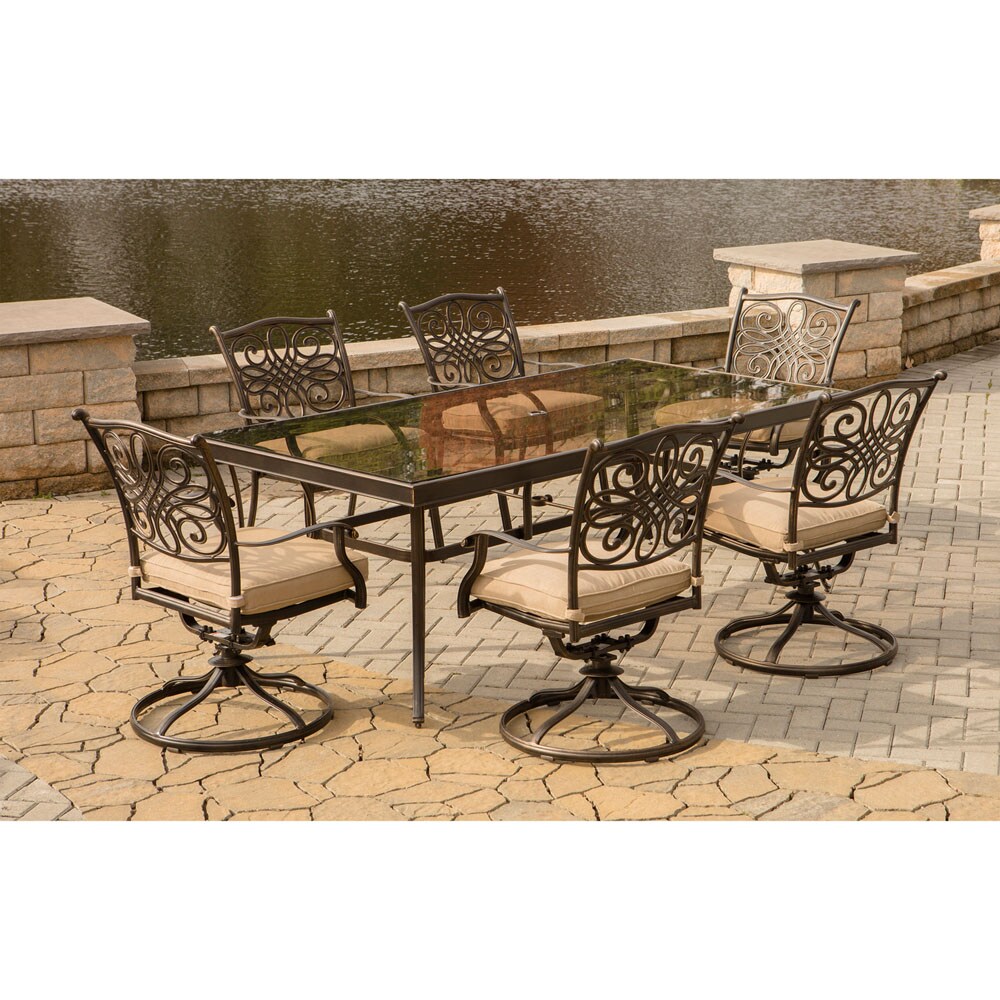 Hanover Traditions Bronze Aluminum 7-Piece Dining Set with Tan Cushions