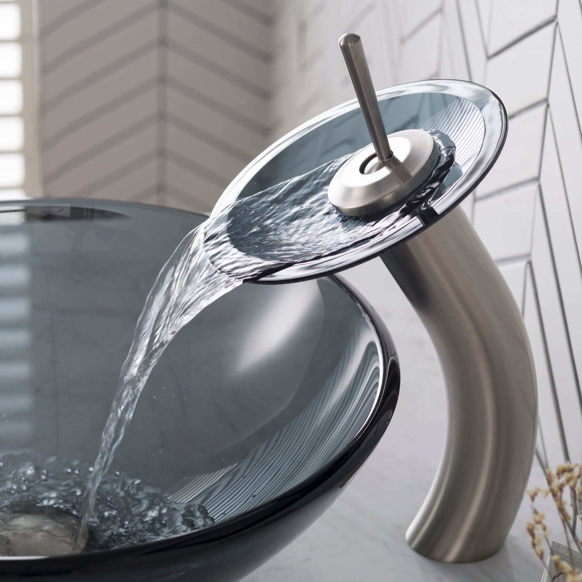 Satin Nickel and Glass Single Hole Vessel Faucet