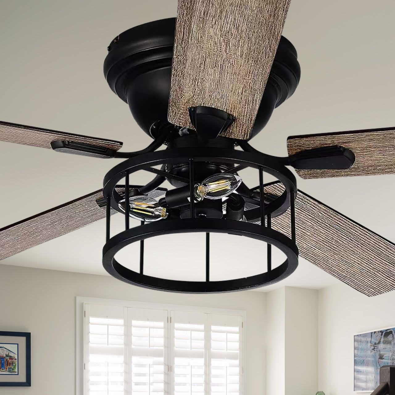 Breezary Low Profile 52-in Black with Light Oak and Dark Walnut Blades Flush Mount Ceiling Fan With Light and Remote Control Included 5 -Blade