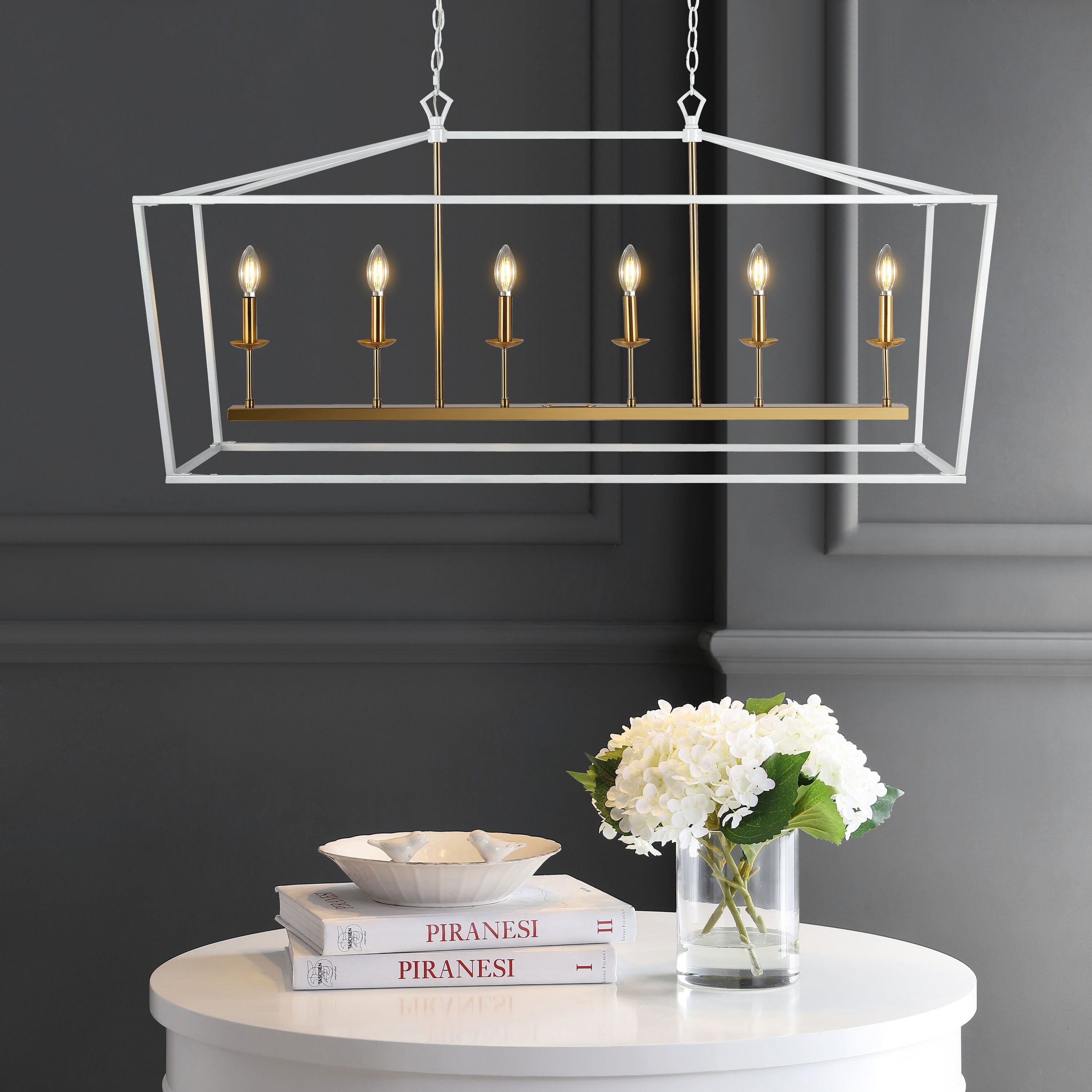 Pagoda 49" Satin White Iron Candle-Style Linear Chandelier