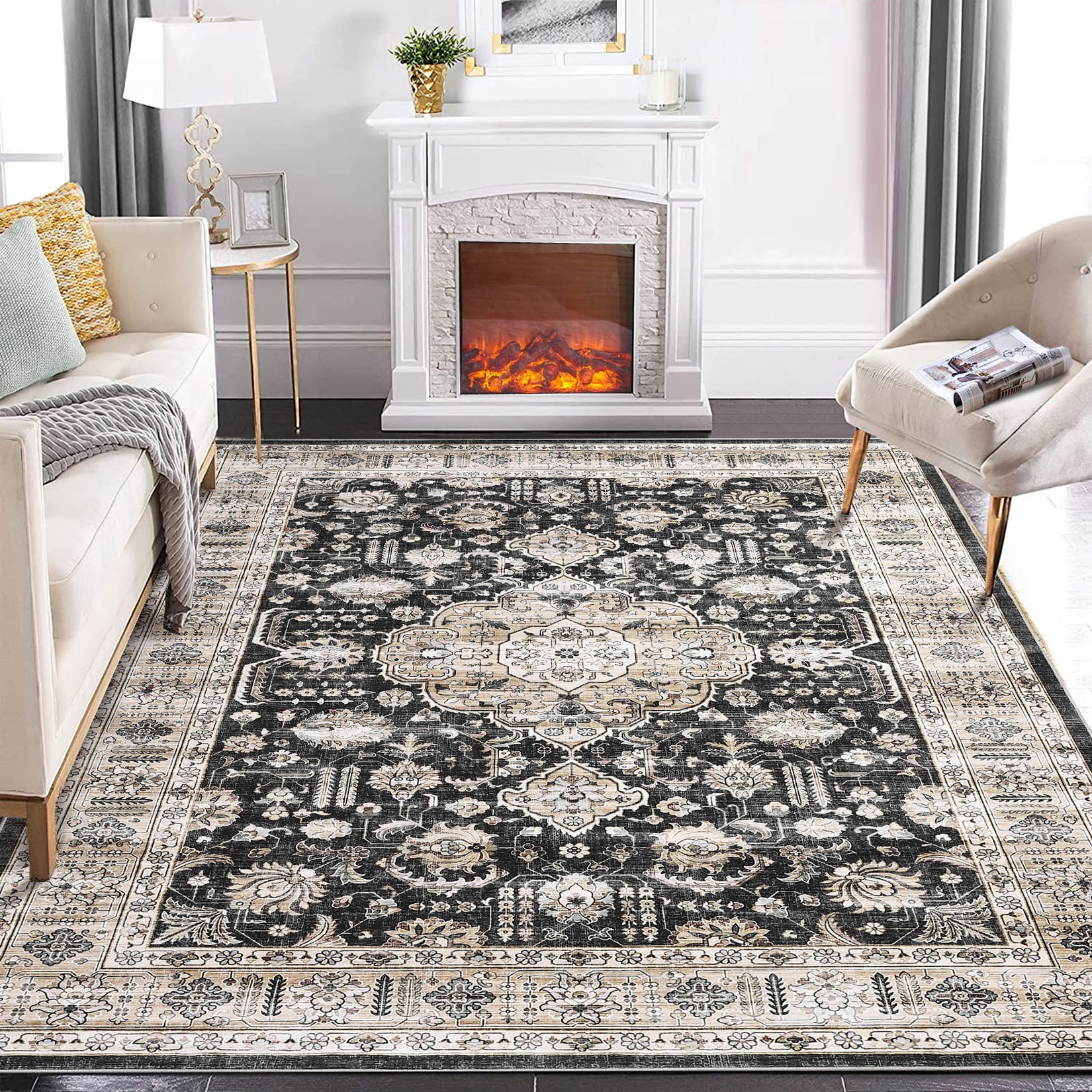 Garvee YXY-LO-PHO-11QDKSTR 8 x 10 (ft) Polyester Black Rectangular Indoor Medallion Vintage Machine washable Area rug