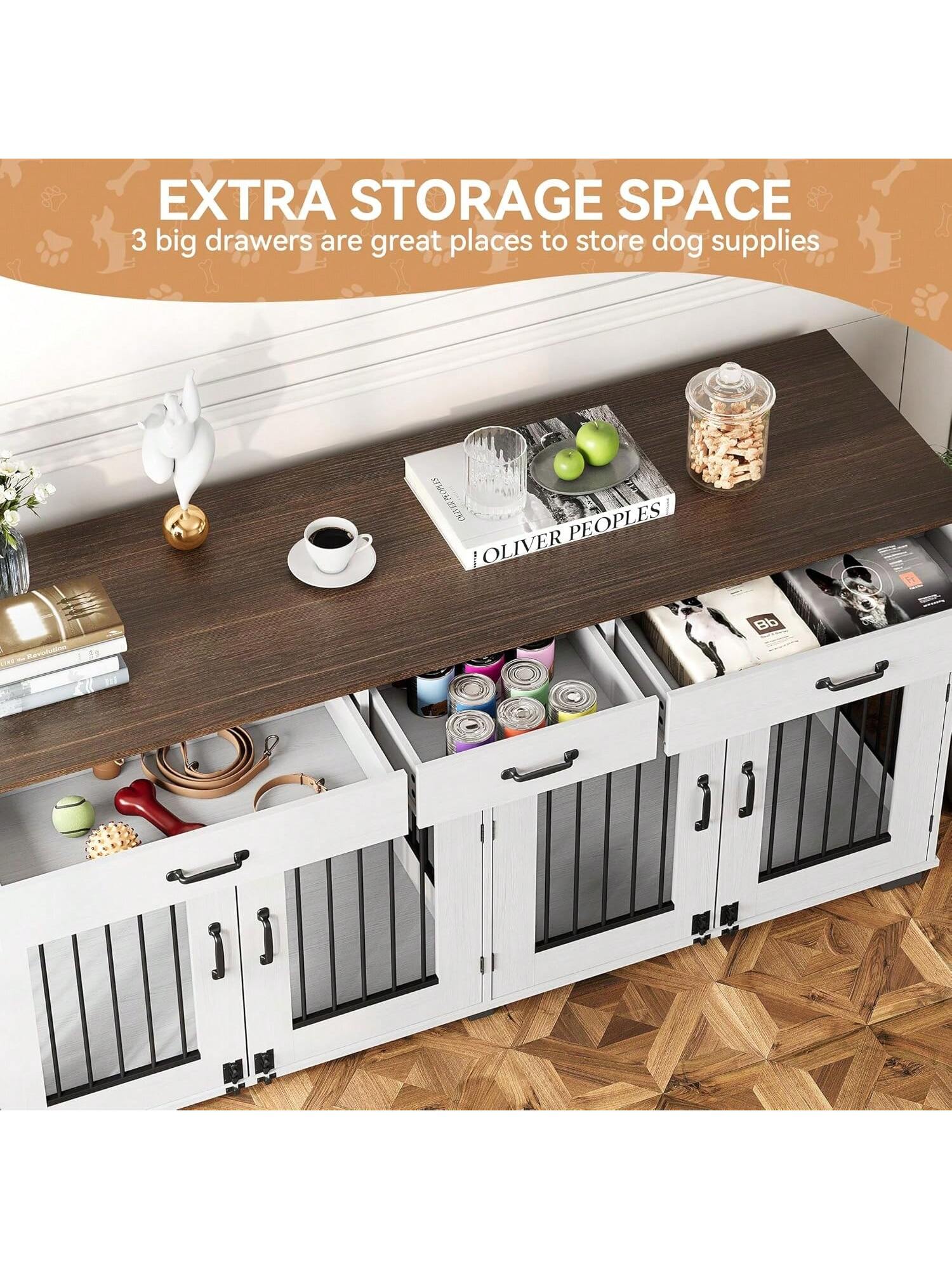 Qeetex 71-Inch Large Dog Crate With 3 Drawers For 2 Dogs Spacious