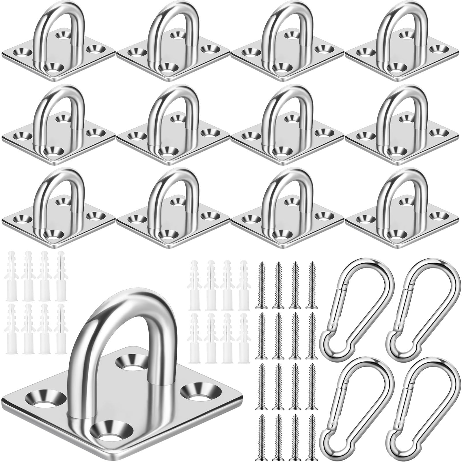 AKSCYZM  12 Pcs Stainless Steel Pad Eye Hooks Heavy Duty Ceiling Hooks with Snap Hooks and Mounting Screws for Hammock Swing Hanging Indoor