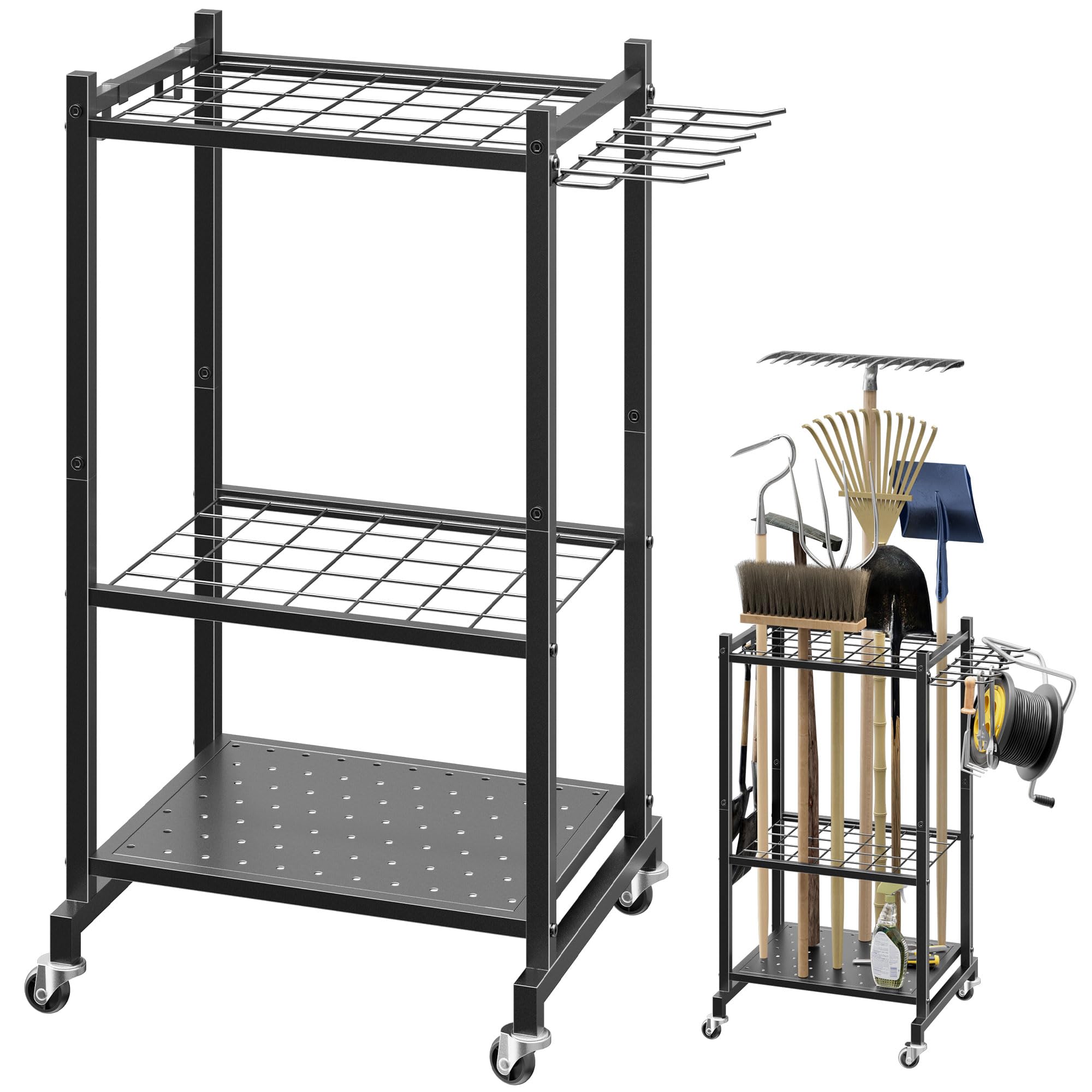 Ahfiwaso Garden Tool Organizer Stand with Wheels Yard Tool Rack for Garage Holds Up to 42 Tools with 2 Hooks Steel Storage for Shed Patio Outdoor Use
