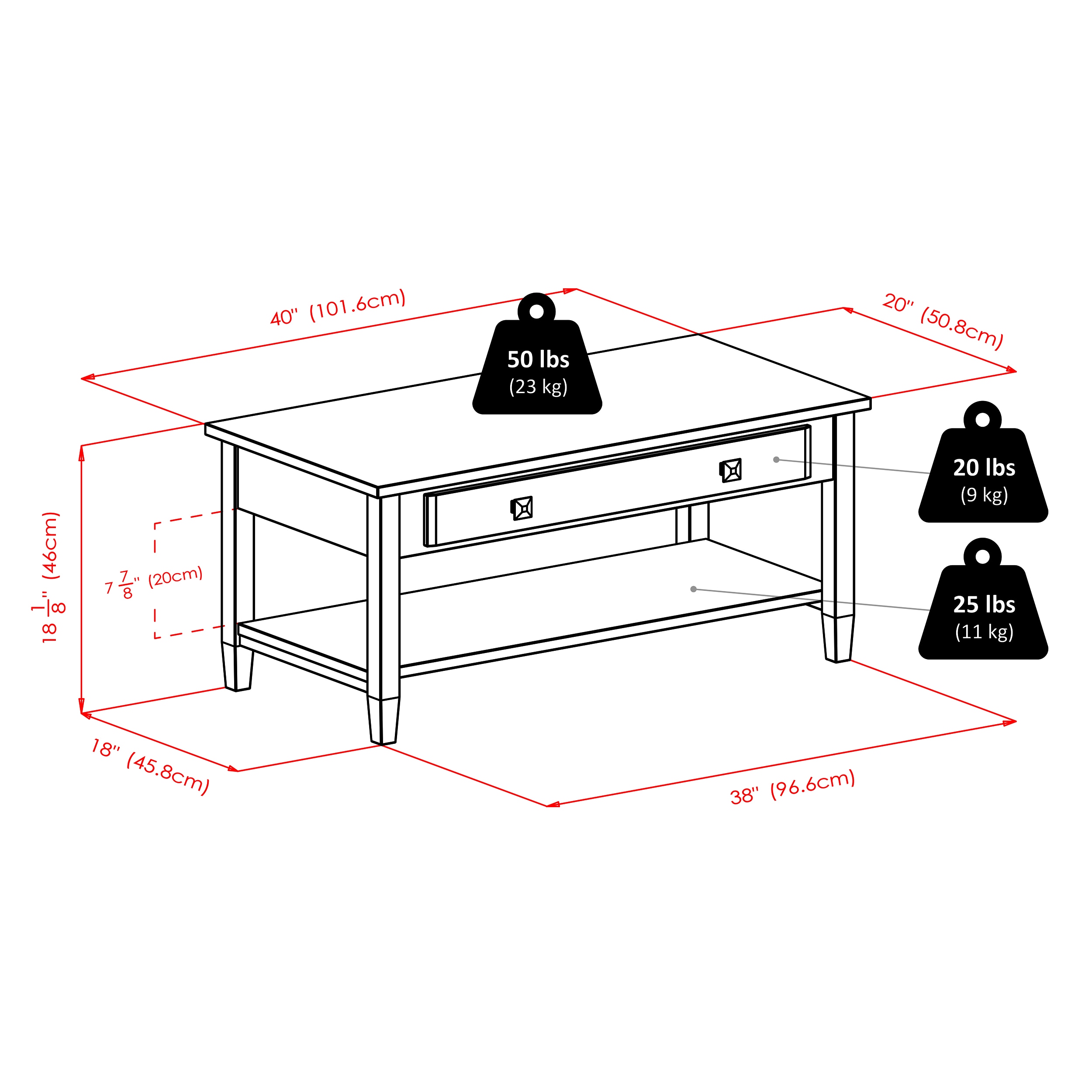 Walnut Rectangular Coffee Table with Drawer and Shelf