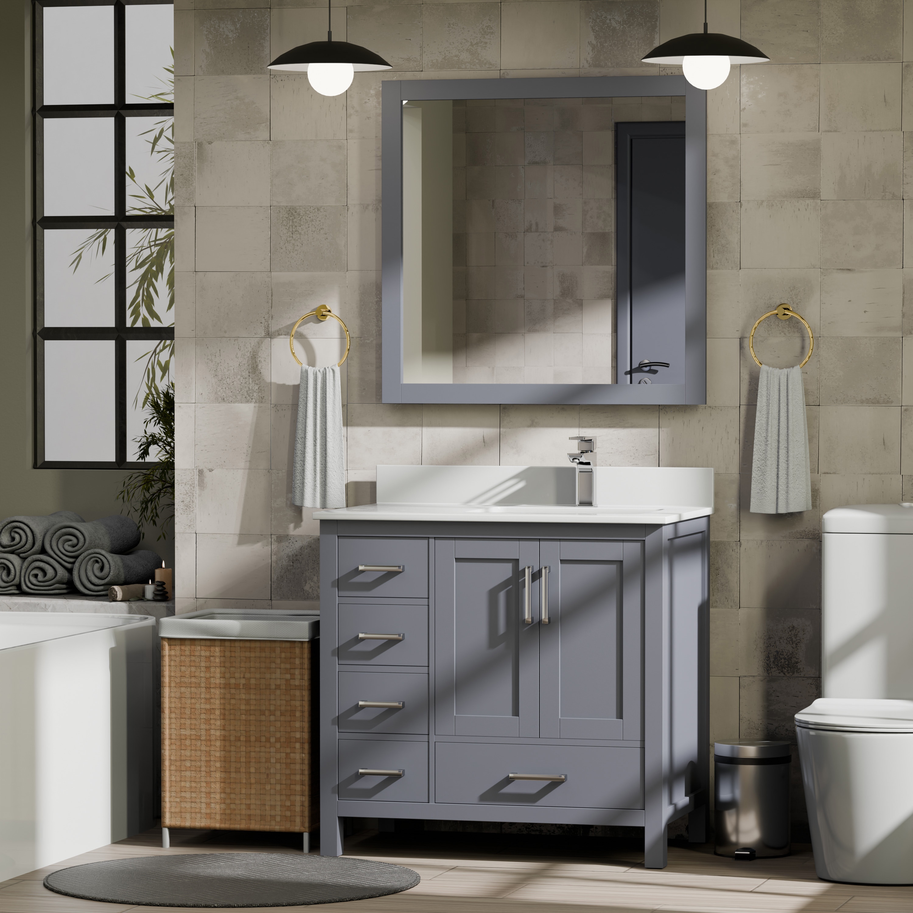 Lexora LVJ36SB301R Jacques 36-in Dark Grey Undermount Single Sink Bathroom Vanity with White Cultured Marble Top (Faucet Included)