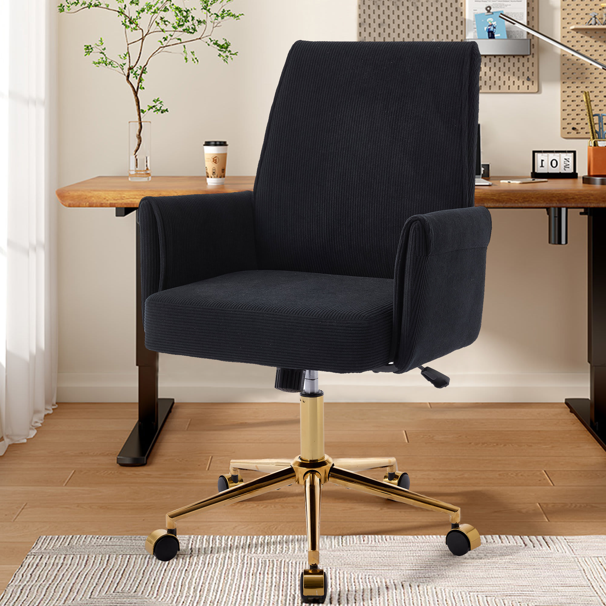 Etokfoks  Mid Back Liftable Office Chair Gold Plated Metal Base Ergonomic S Curve Design Striped Fabric Super Memory Foam Cushion Black