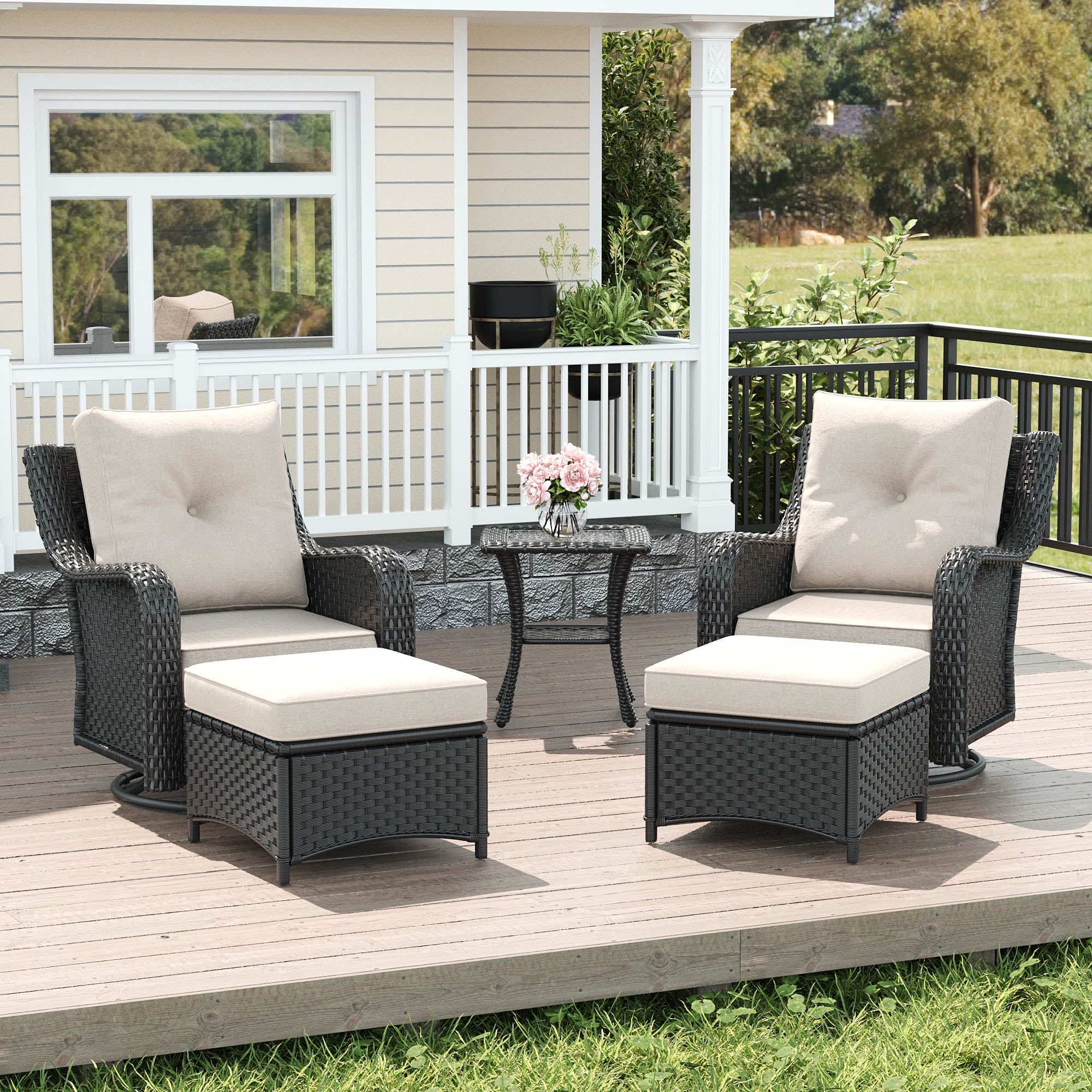 LayinSun BYT6005-5P-HE01 5 -Piece Outdoor Rattan Patio Conversation Set with Beige Cushions