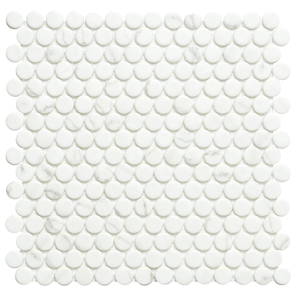 The Tile Life GPENNBLISVE1 Eterna Penny Venato White 12-in x 12-in Glossy Glass Mosaic Floor and Wall Tile (0.88-sq. ft/ Piece)