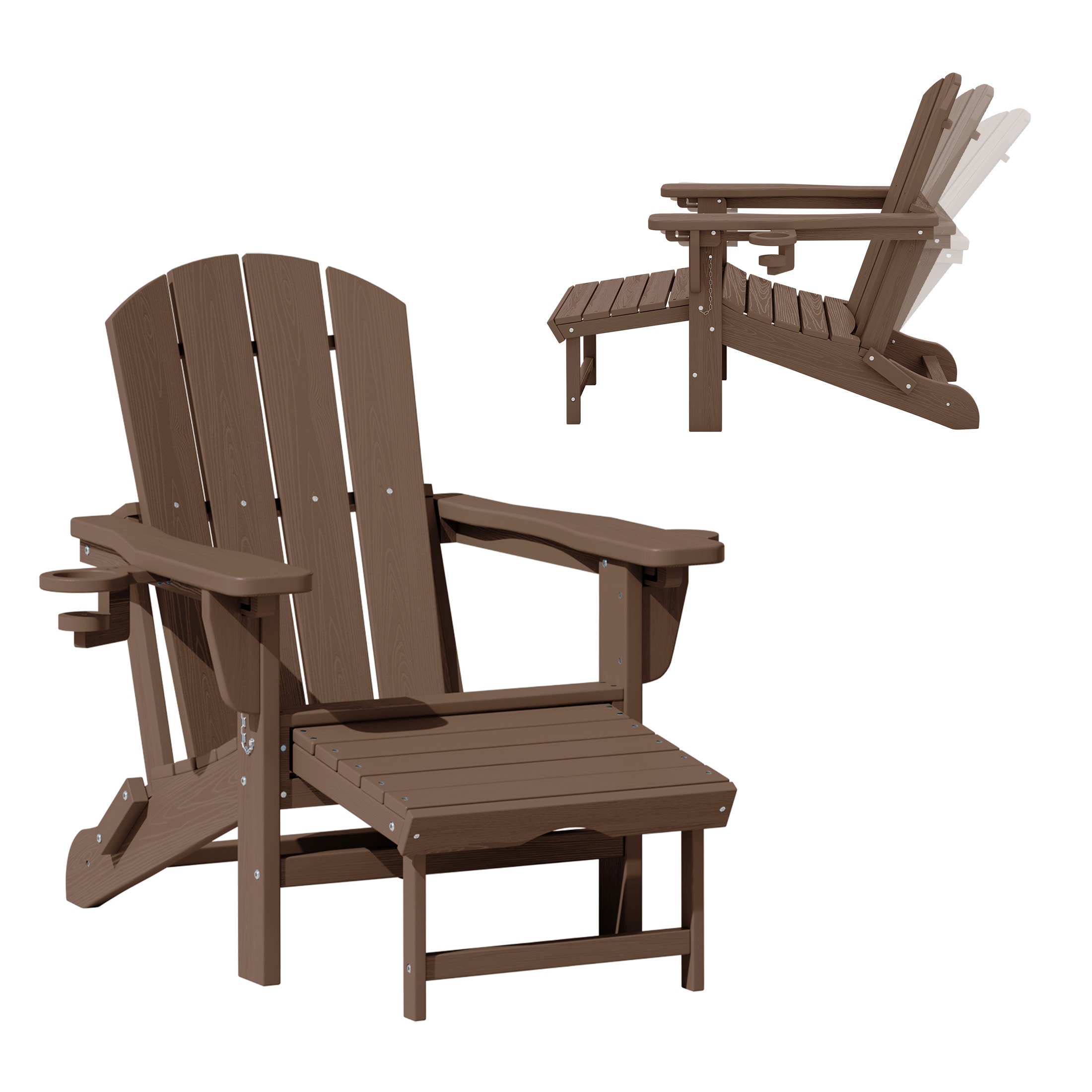 VOUA AK-CLGJ-BN Adjustable Chair with Pull-Out Footrest and Cup Holders Stackable Brown HDPE Frame Stationary Adirondack Chair with Slat Seat