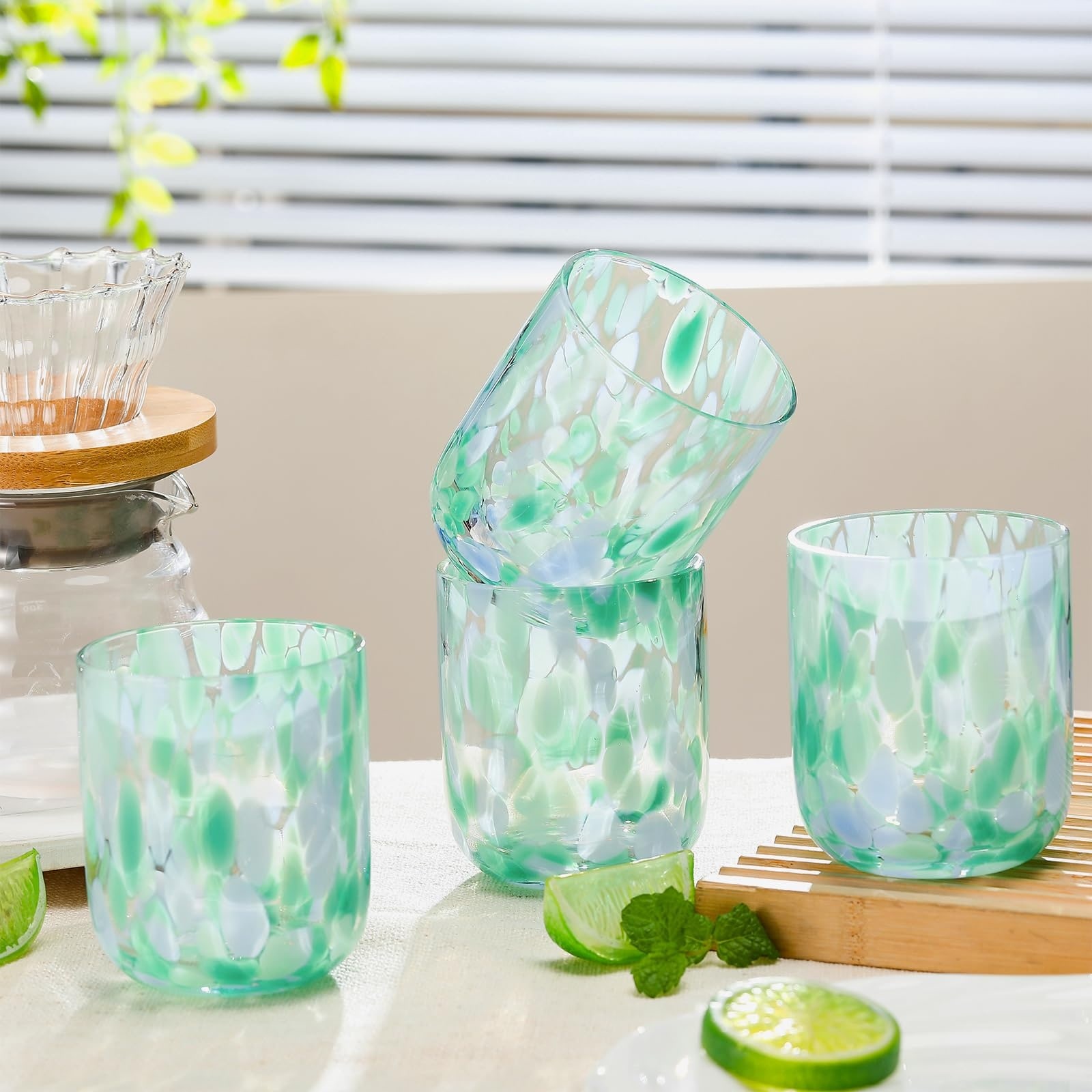 Aoibox  4 Pack 12 oz Turquoise Confetti Handcrafted Recycled Glass Juice Tumblers for Home and Party Entertaining