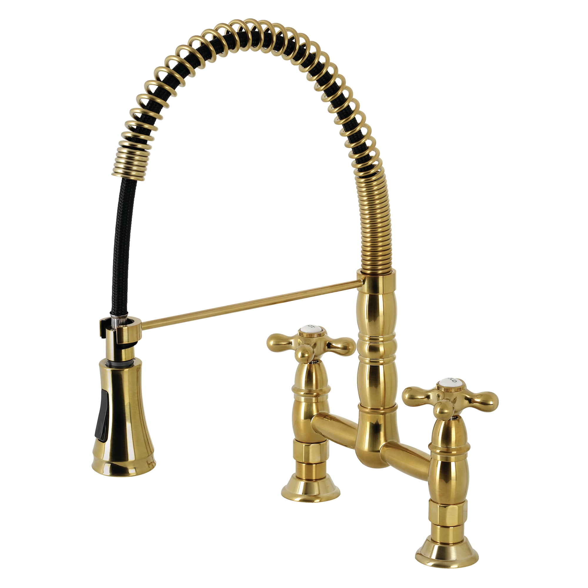Kingston Brass WLGS1277AX Heritage Brushed brass Double Handle Deck-mount Bridge Kitchen Faucet with Sprayer