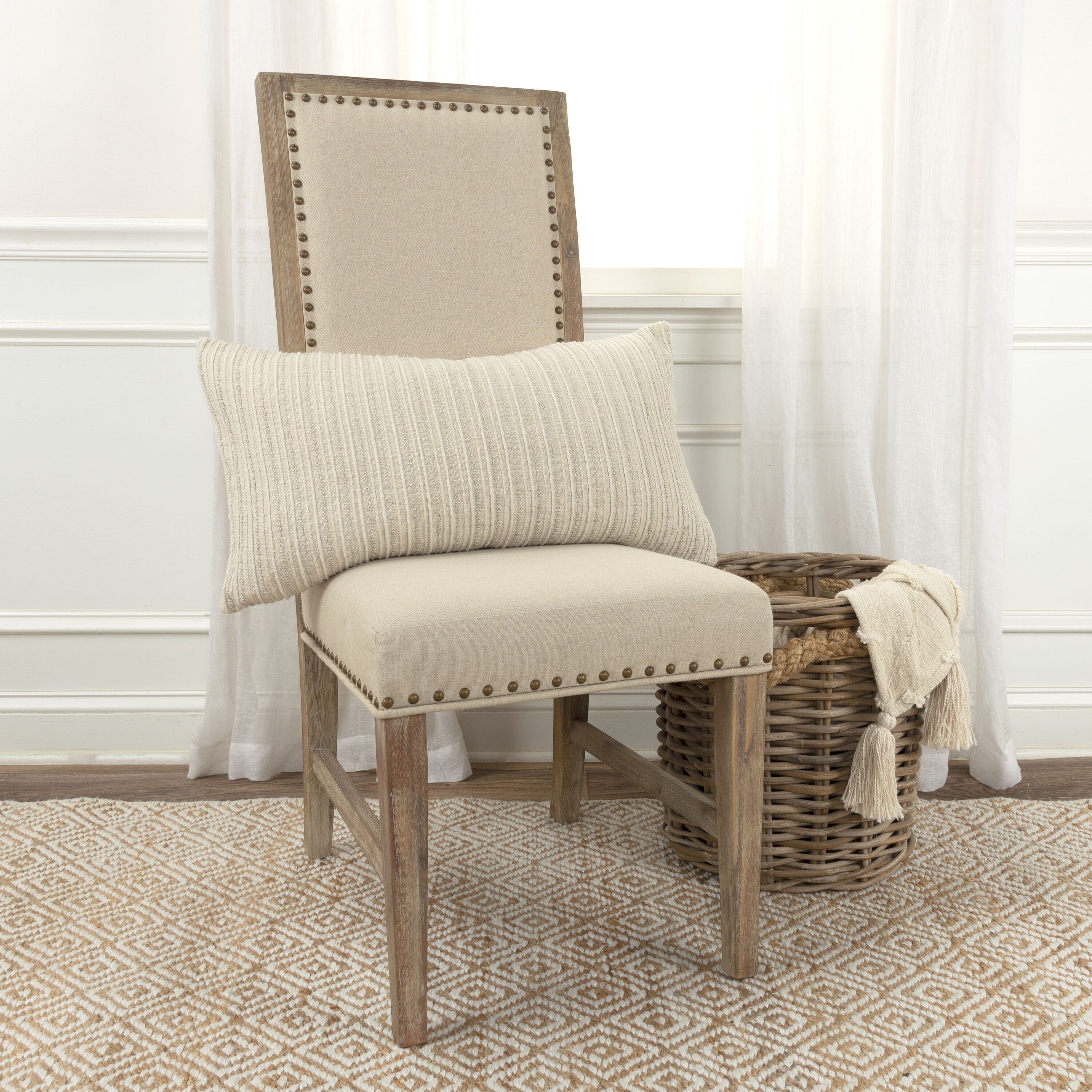 Beige Rectangular Woven Cotton Lumbar Pillow