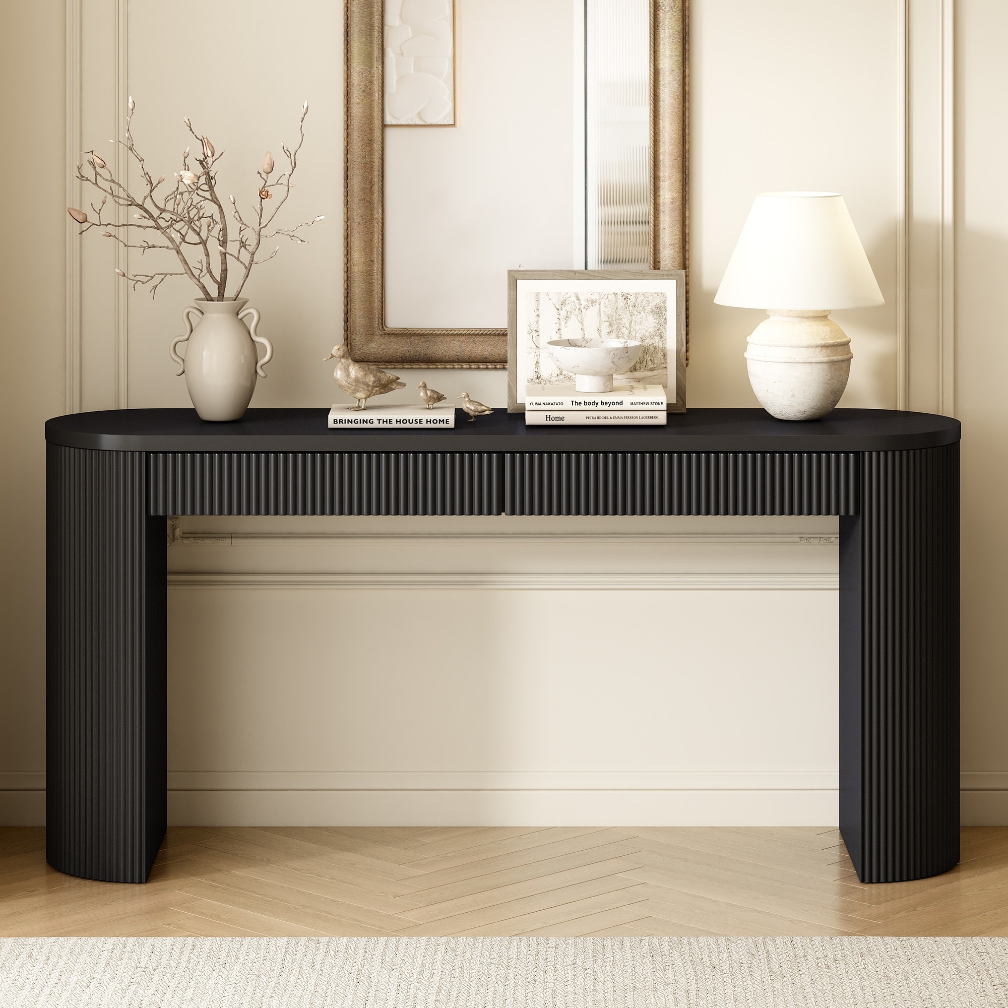 Horizons Prime 58 inch Black MDF and Pine Veneer Console Table with Dual Drawers and Arched Sturdy Legs