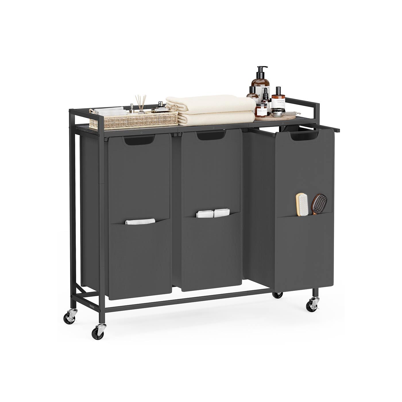 Slickblue Rolling 3-Bag Laundry Cart with Top Shelf Removable Pull-Out Bags Front Pockets and Lockable Wheels for Laundry Room Bedroom or Bathroom