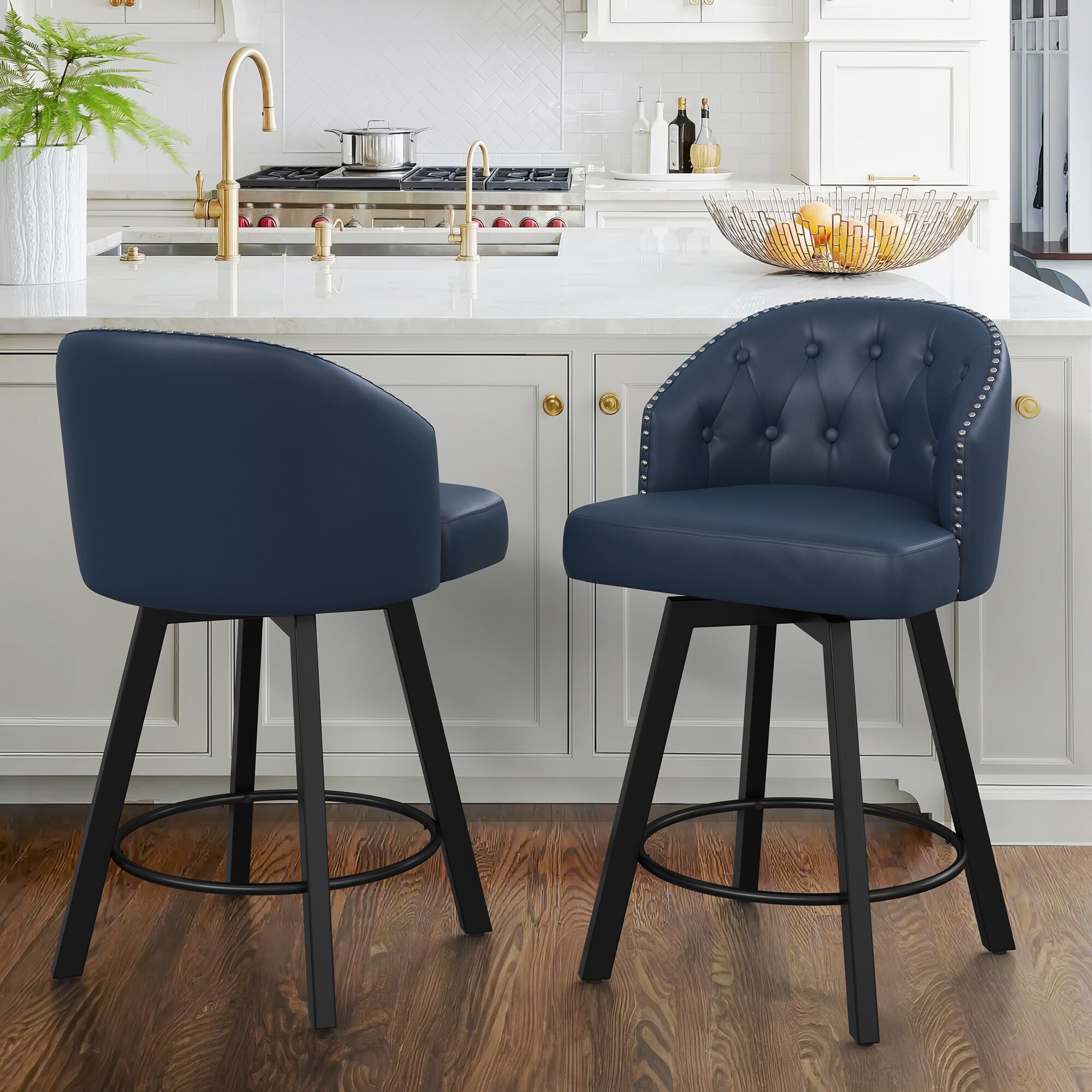 LUE BONA YB-099-03LS Set of 2 Blue/Faux Leather 26.4-in H Counter height (24-in to 27-in) Square Seat Upholstered Swivel Metal Back Bar Stool Back