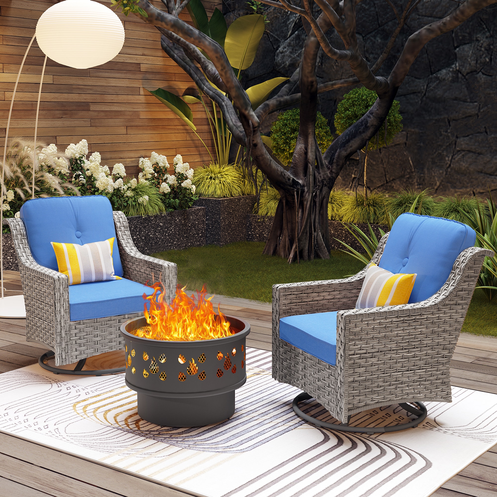 Pouuin SCFPAD503 3 -Piece Rattan Patio Conversation Set with Blue Cushions