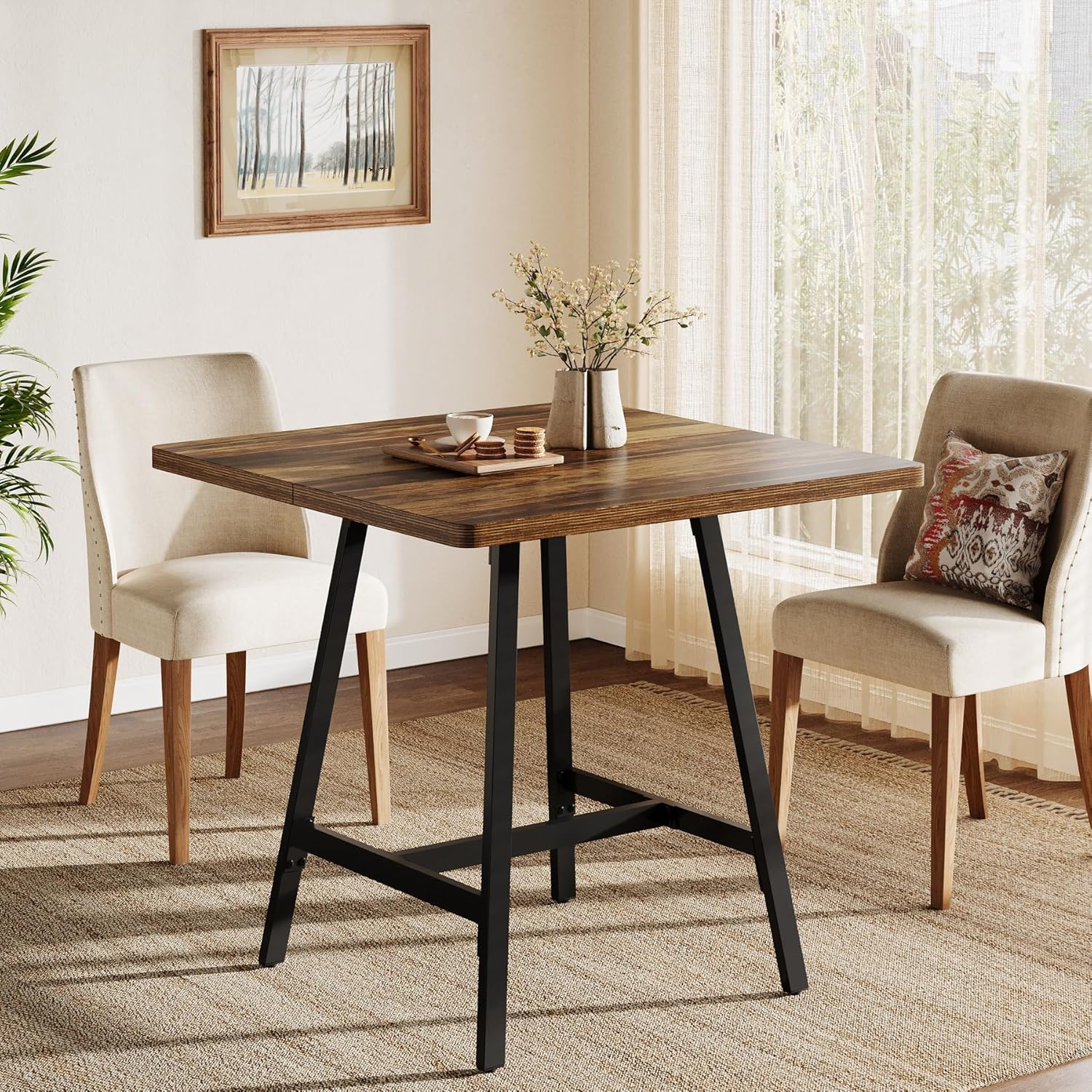 Tribesigns  Square Bar Table Industrial High Top Pub Table with Thickened Top Small Kitchen Dining Table for Living Room Party Rustic Brown and Black