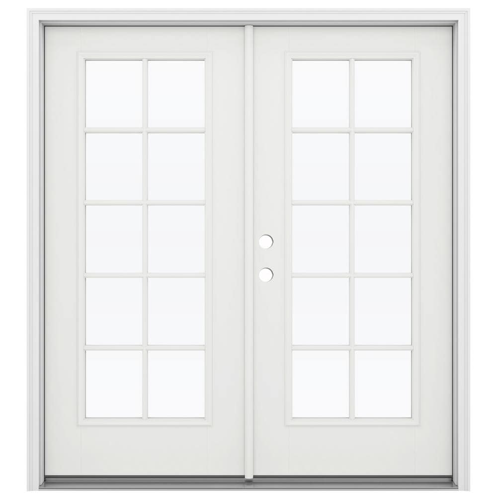 JELD-WEN LOWOLJW182300057 F-3500 72-in x 80-in x 4-9/16-in Jamb Low-E External grilles , Modern White Fiberglass Right-hand inswing French Double Patio Door Brickmould Included