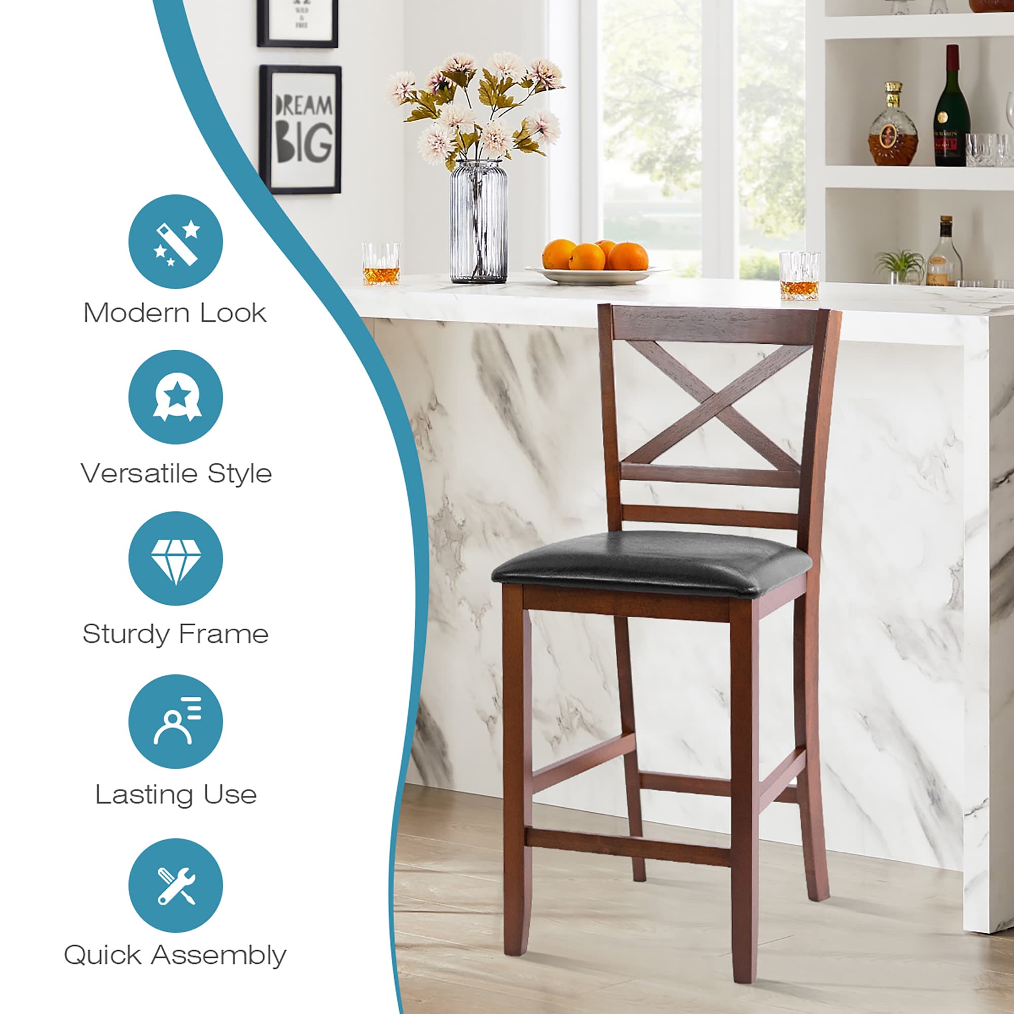 Set of 2 Walnut Wood Bar Stools with Black Leather Seat
