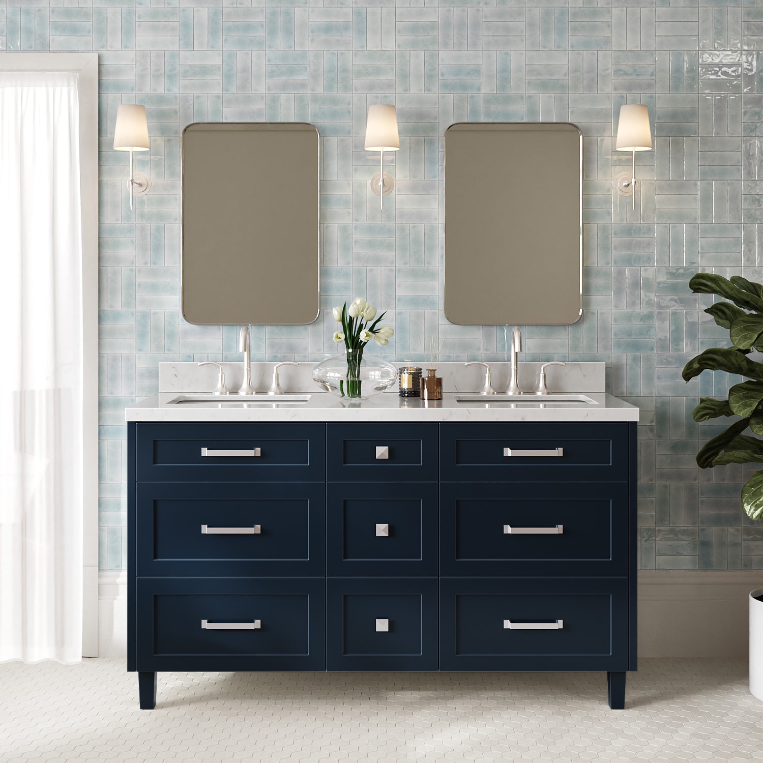 ARIEL - Monroe 60-in Midnight Blue Undermount Double Sink Bathroom Vanity with Carrara White Quar...