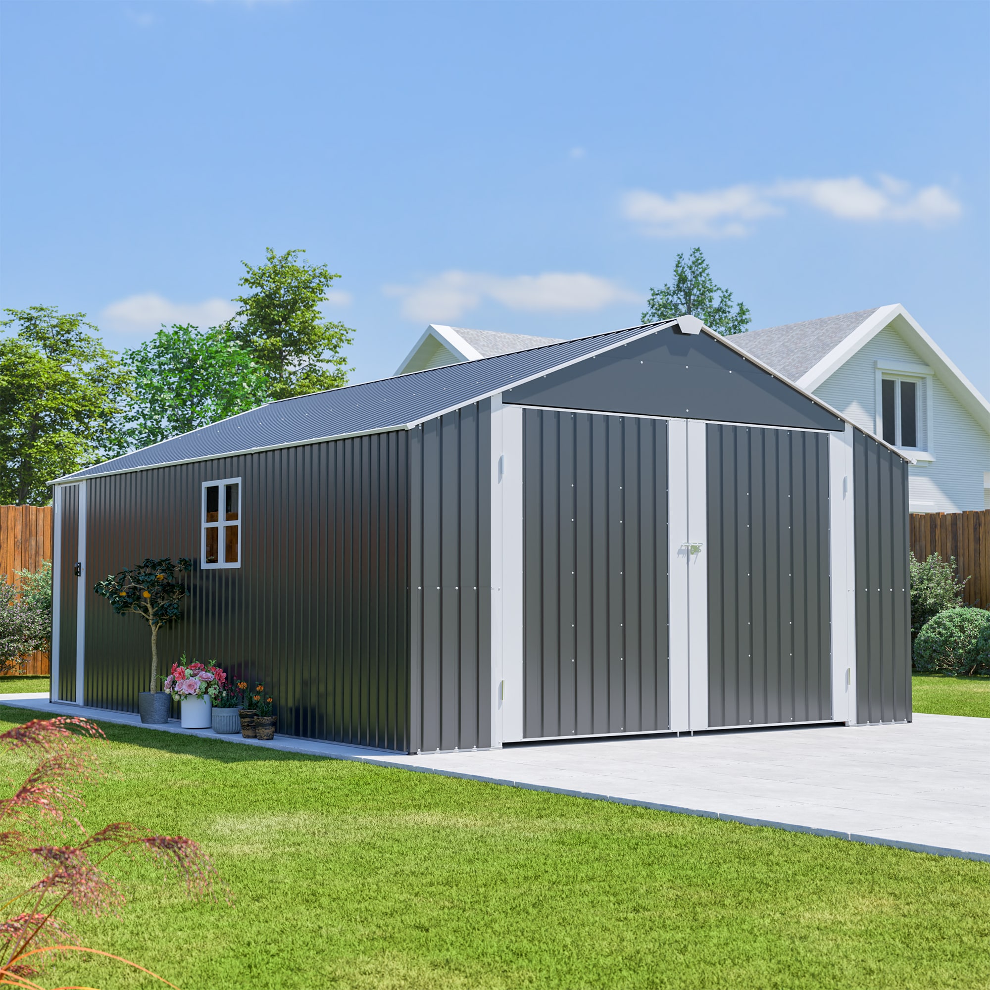 12-ft x 20-ft Metal Carports with 3 Lockable Doors Galvanized steel Metal Storage Shed