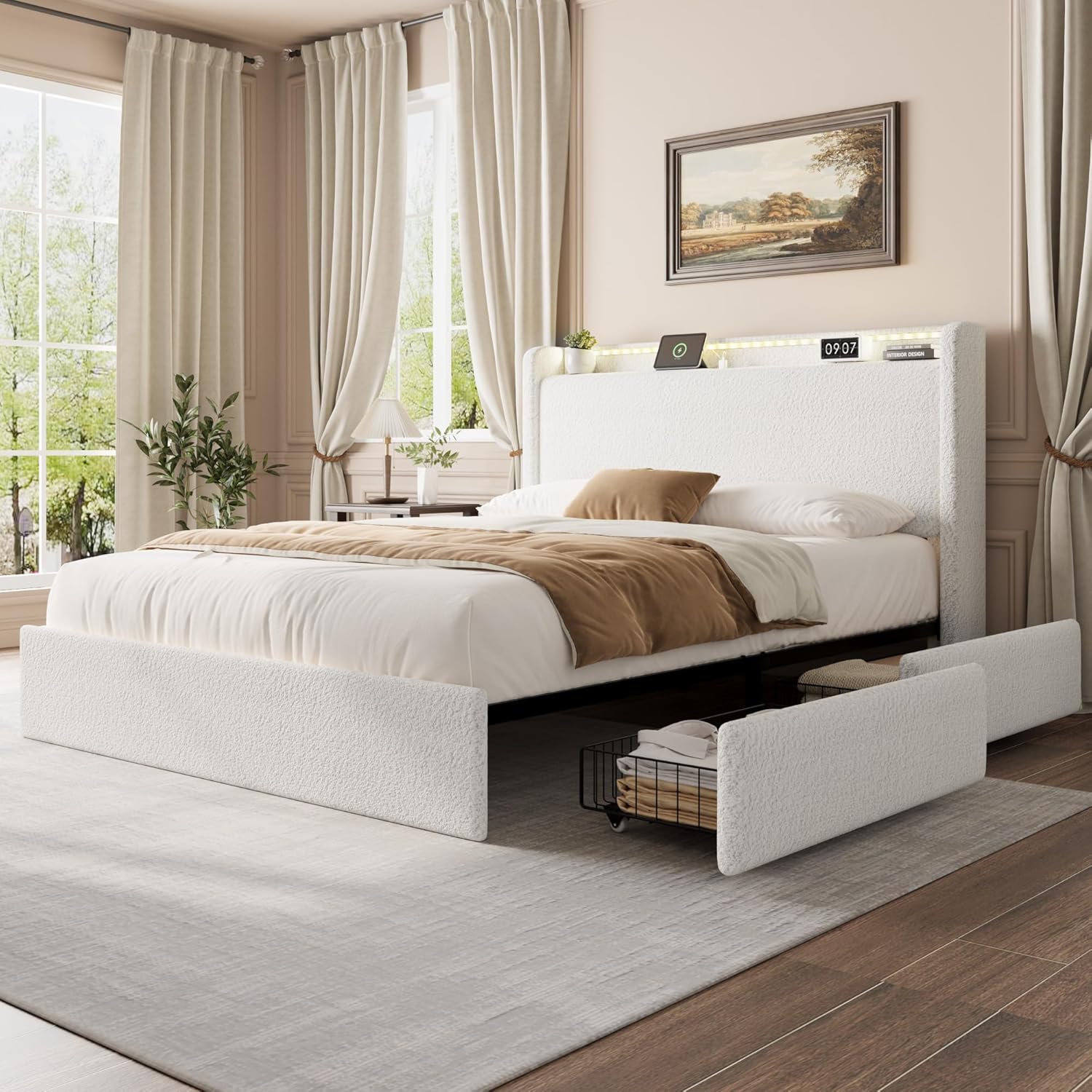 Qeetex LHF-BED-PHK-338SJ9JN Queen Size Boucle Bed Frame with Charging Station and LED Lights Platform Upholstered Bed Frame with 4 Storage Drawers and Storage Headboard No Box Spring Needed Wood Slats Noise-Free White