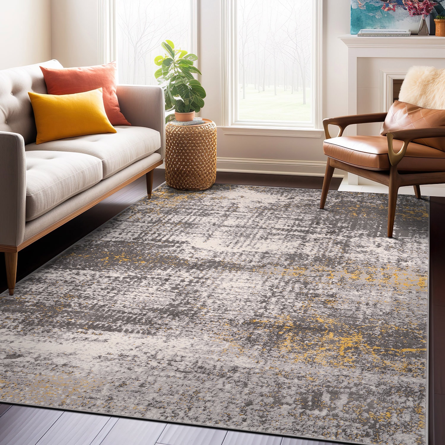 World Rug Gallery 4051YELLOW5X7 5 x 7 (ft) Loomed Polypropylene Yellow Rectangular Indoor Abstract Vintage Area rug