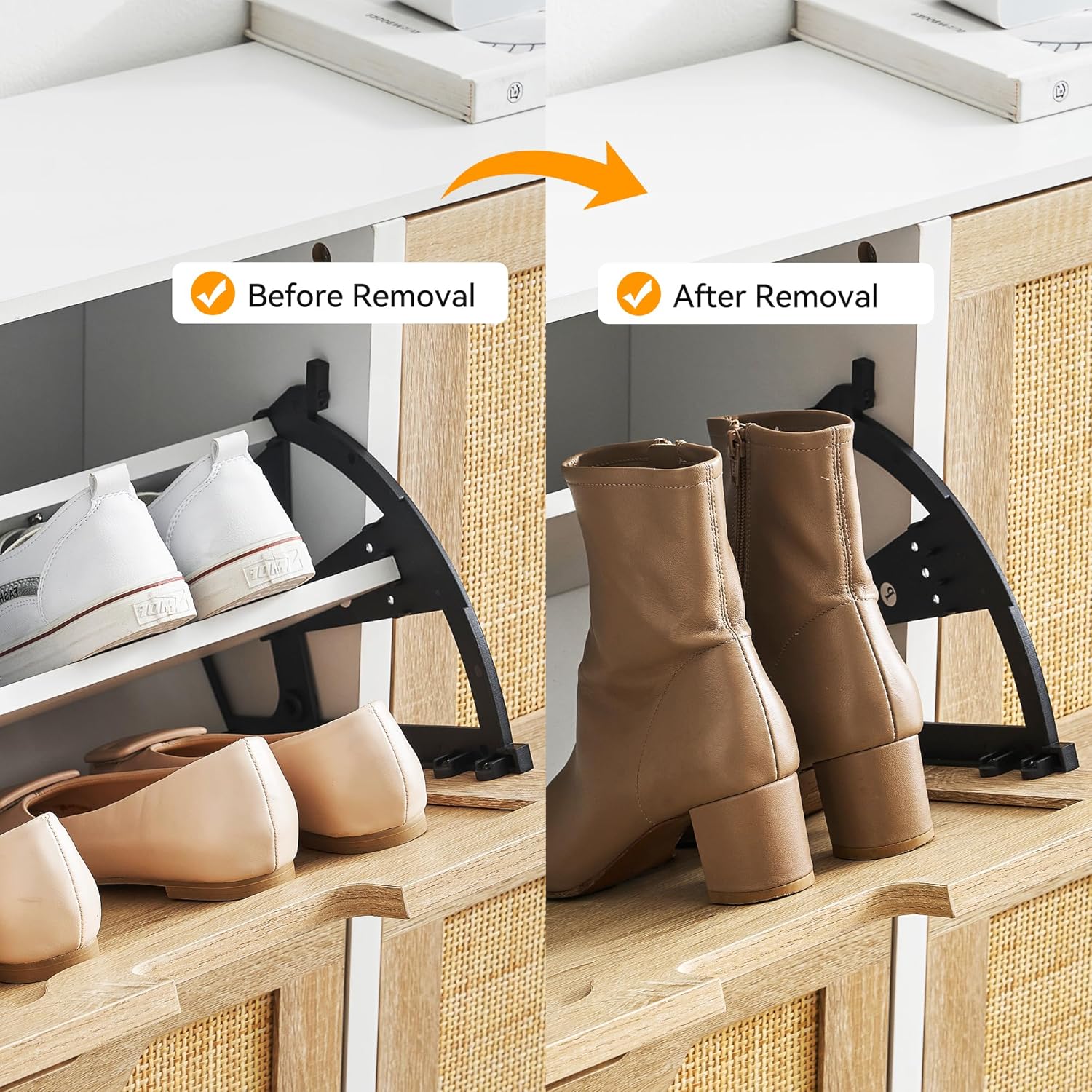 Qeetex MIE-PHO-0Y1VARND Shoe Cabinet Natural Rattan Shoe Organizer with 4 Flip Drawers Narrow Freestanding Shoe Rack with Metal Legs Adjustable Shelf for Entryway Living Room Foyer Hallway