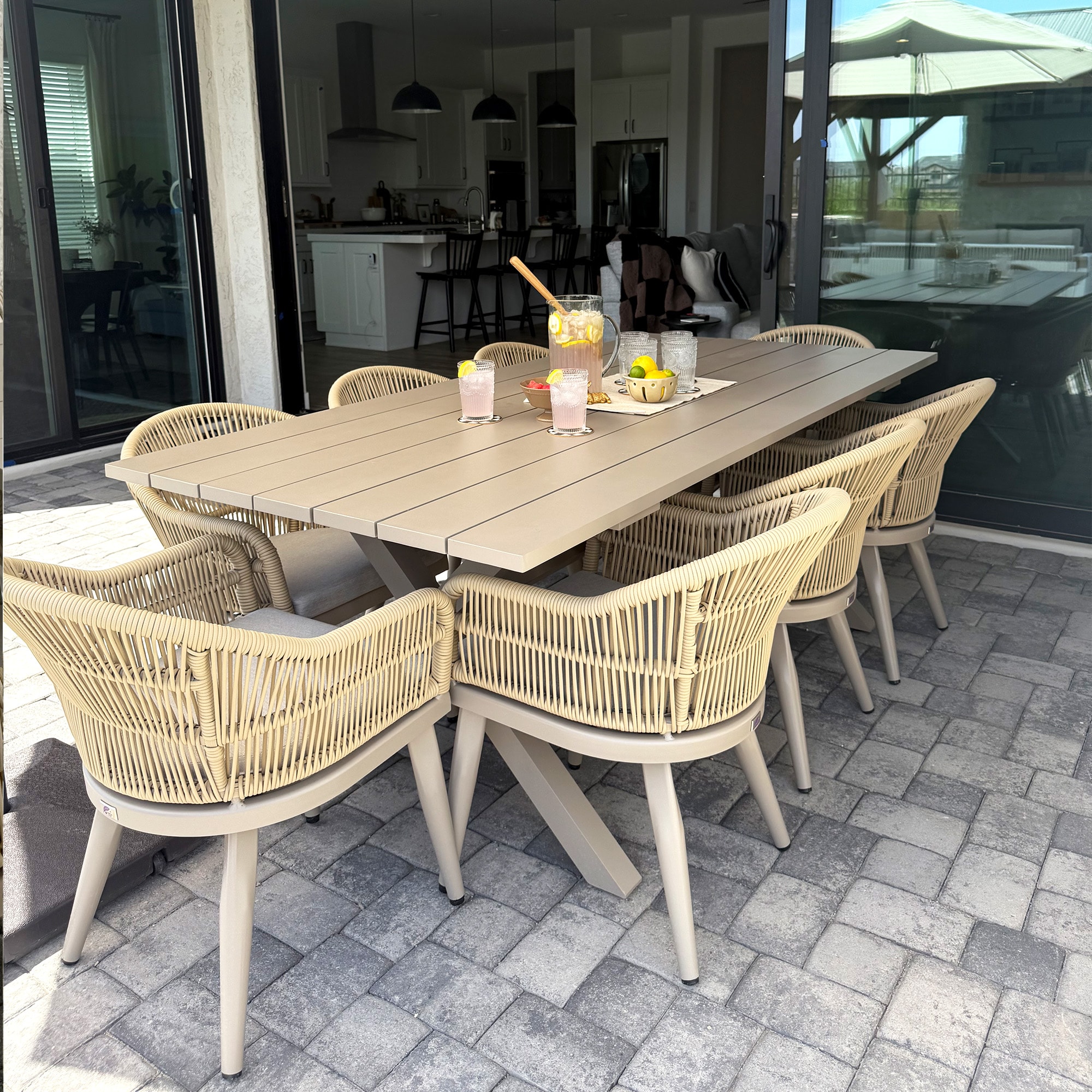 PURPLE LEAF LS03-VT09-205-CP 9 -Piece 9 pieces-Rectangle Rattan Patio Dining Set Aluminum Rectangle Table with 8 Yellow Cushions Stationary Chairs