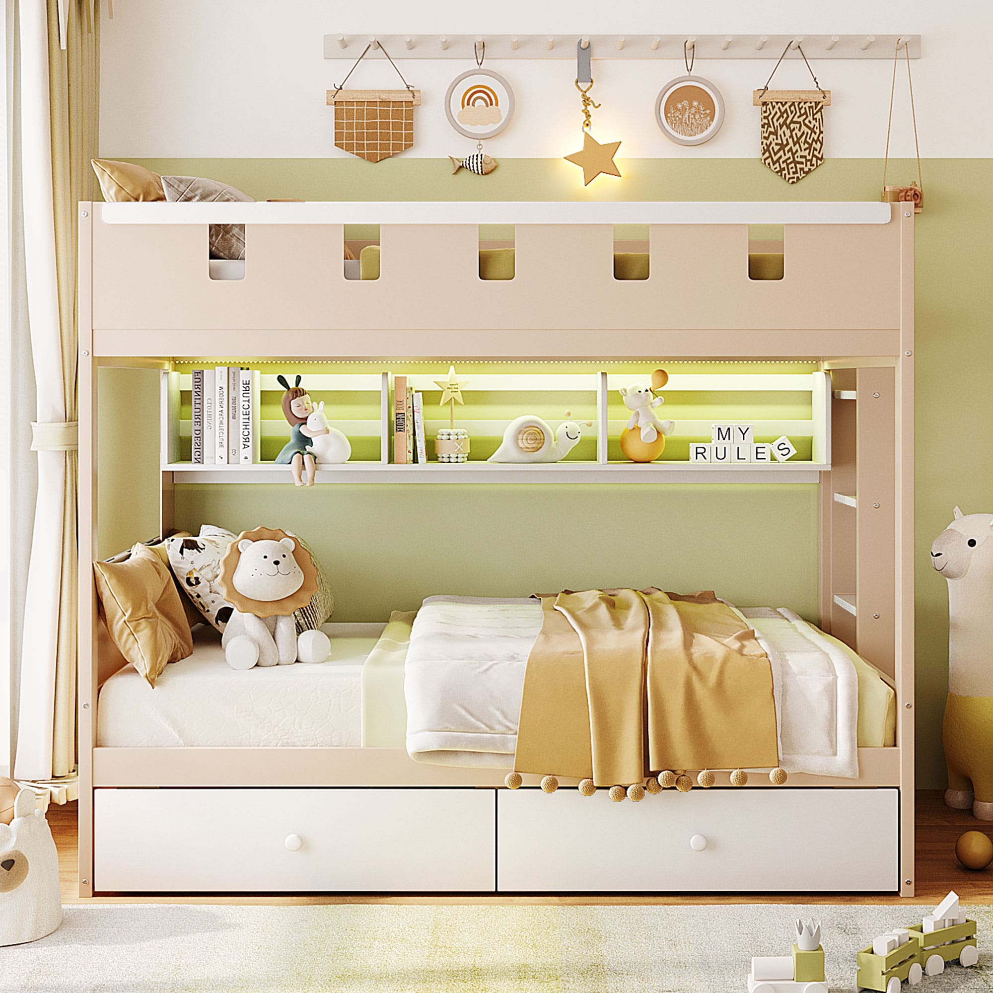 Bellemave - Twin Size Castle Style Bunk Bed with 2 Drawers Shelf and LED White Antique Pink