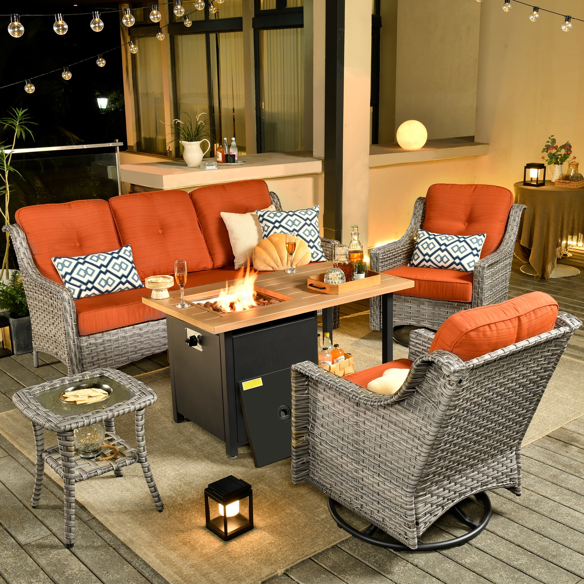 Ovios RFP11PD8-4Y 5-Piece Wicker Patio Sofa Conversation Set with Orange Cushions
