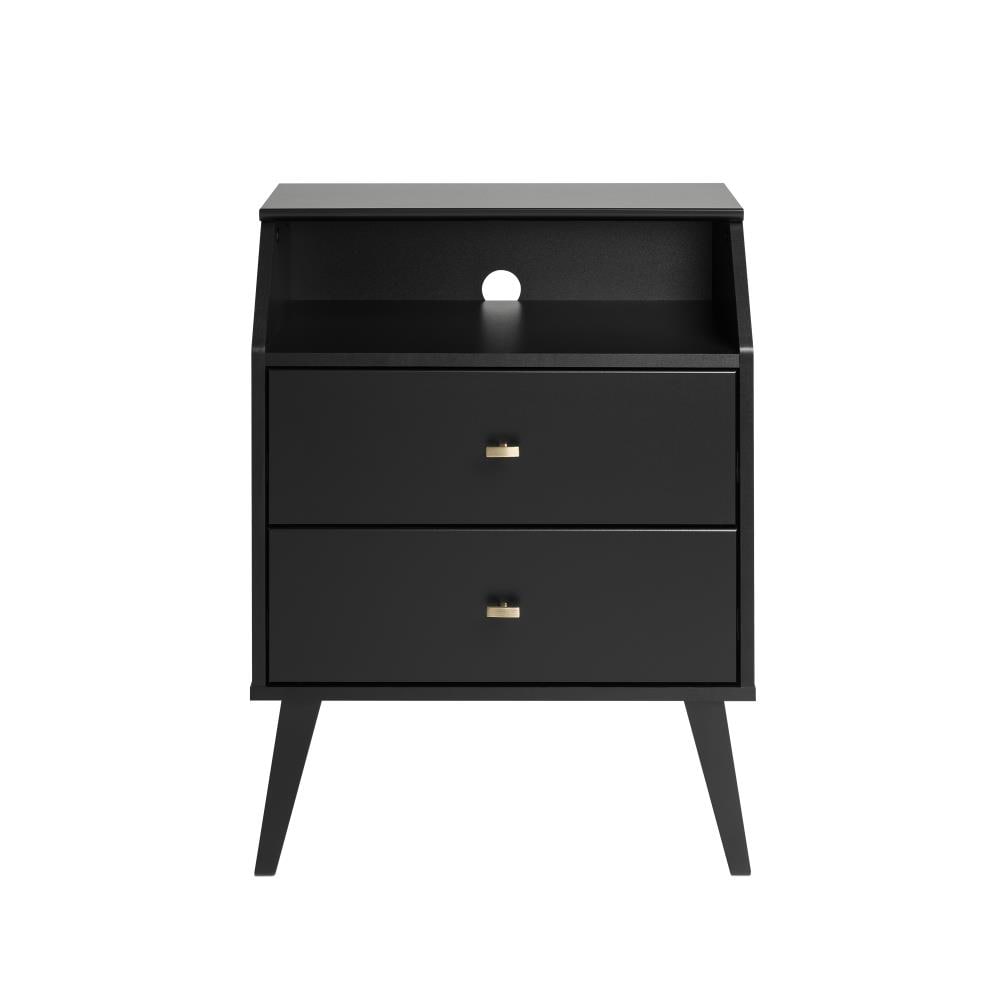 Milo Mid-Century Modern Black 2-Drawer Nightstand with Brass Knobs