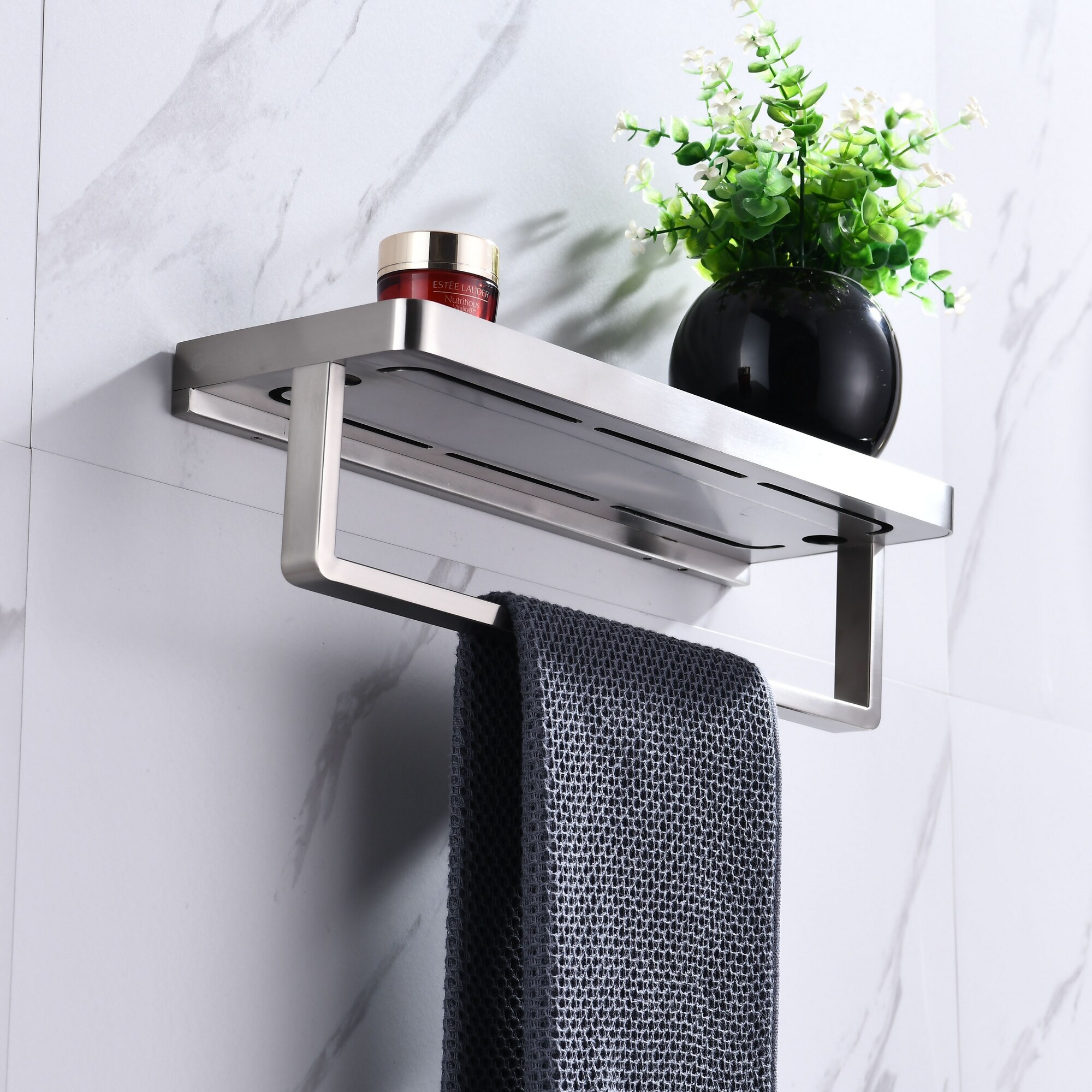 Lexora Bagno Bianca Stainless Steel Black Glass Shelf w/ Toilet Paper Holder - Gun Metal