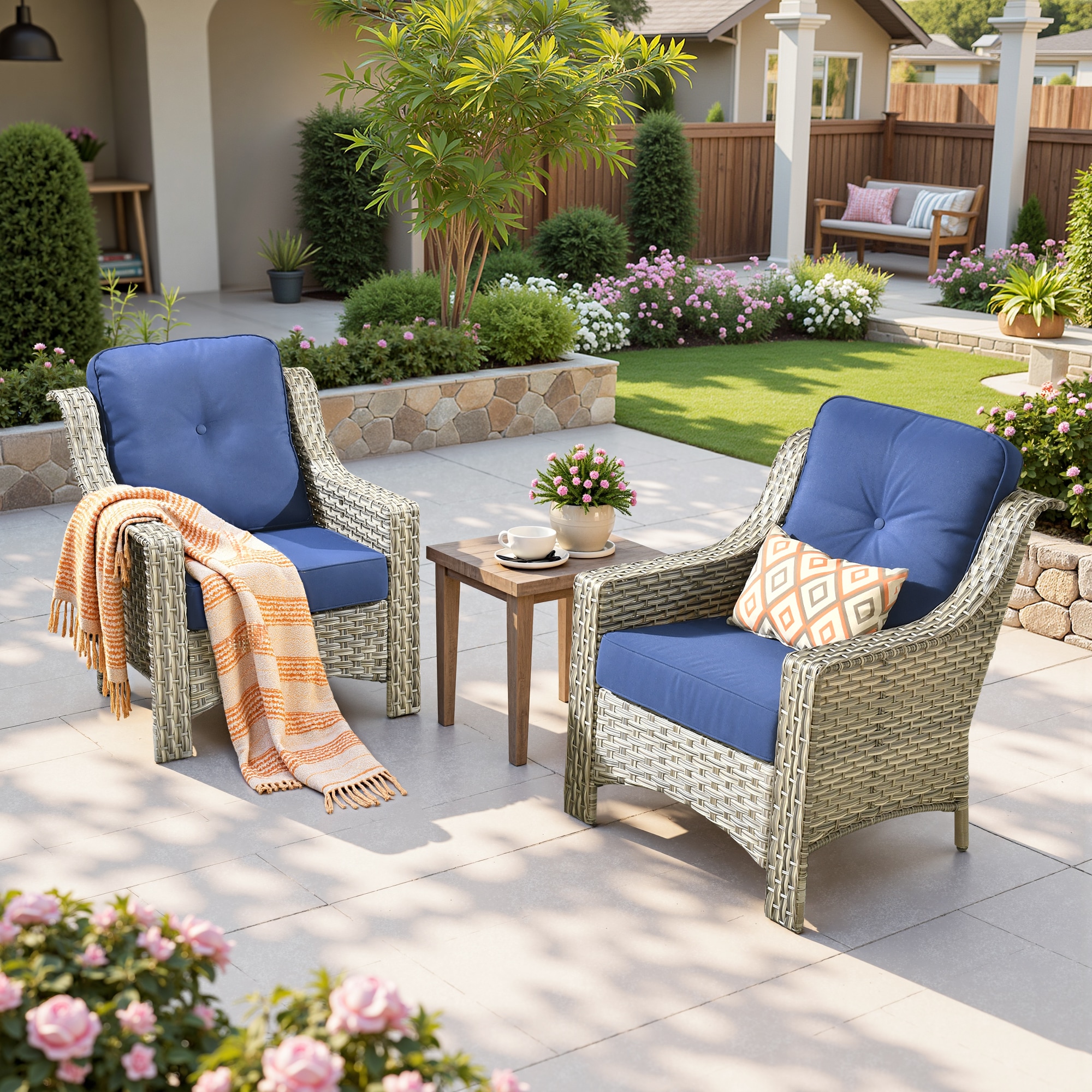 Caodoc L5-PAD700-2 Linear Rattan Outdoor Sofa with Blue Cushions and Rattan Frame