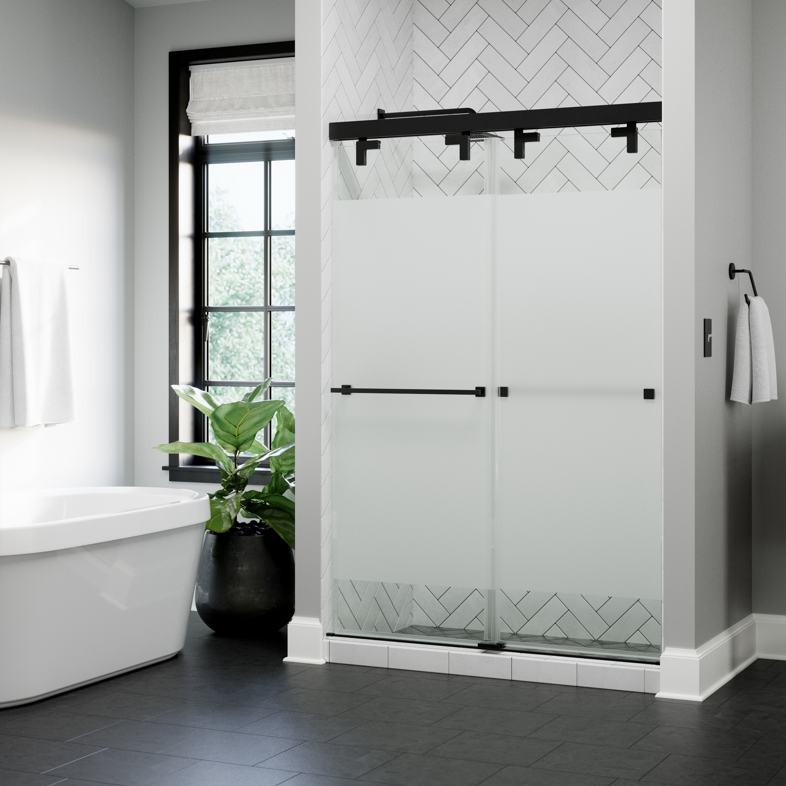 Delta SD7909750 Kesara Matte Black 42-1/4-in W x 72.9922-in H Frameless Sliding Soft Close Shower Door 5/16-in Thick Frosted Glass