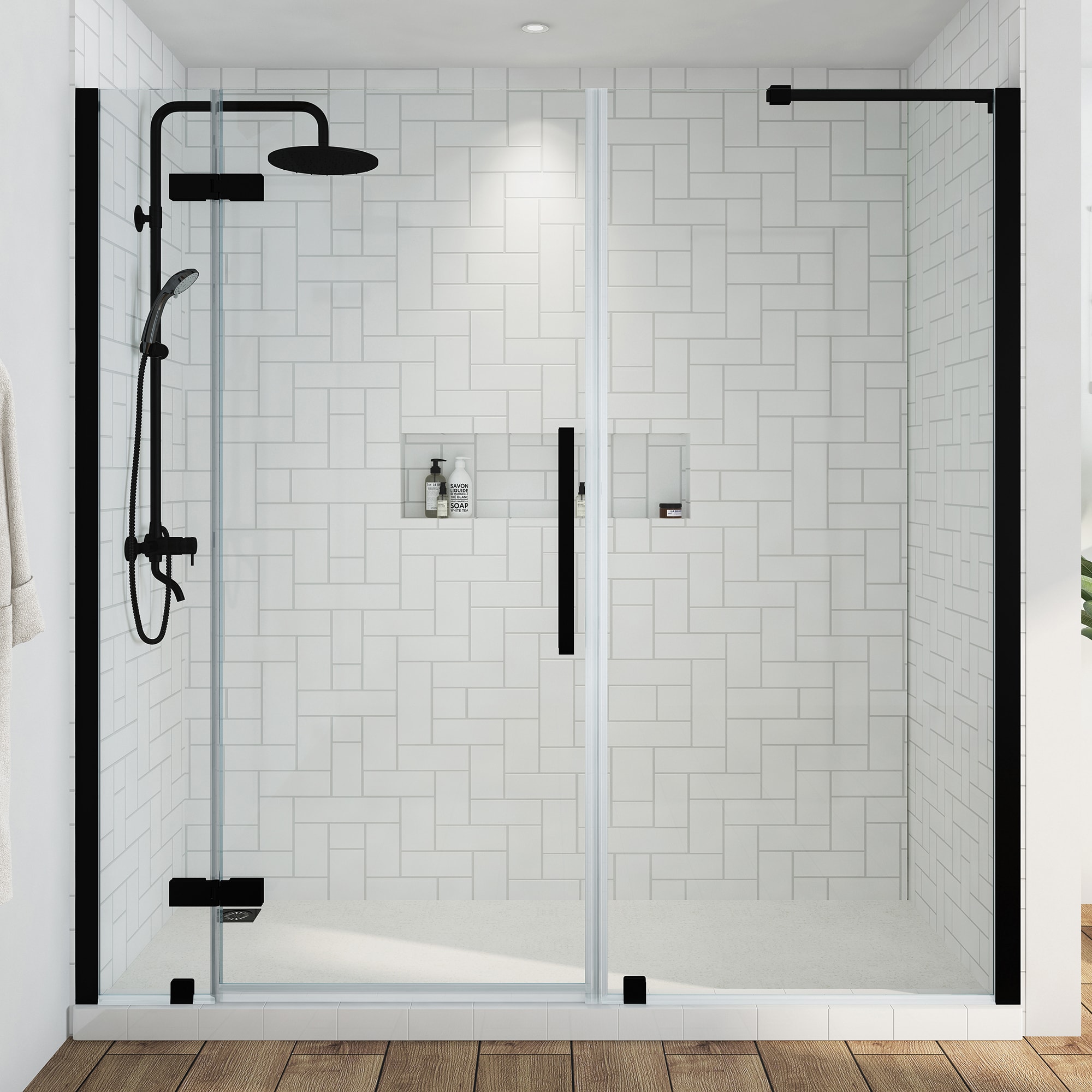 OVE Decors 828796055017 Tampa Matte black 74-15/16-in to 77-5/16-in W x 72-in H Frameless Buttress Pivot Shower door 5/16-in Thick Clear Glass