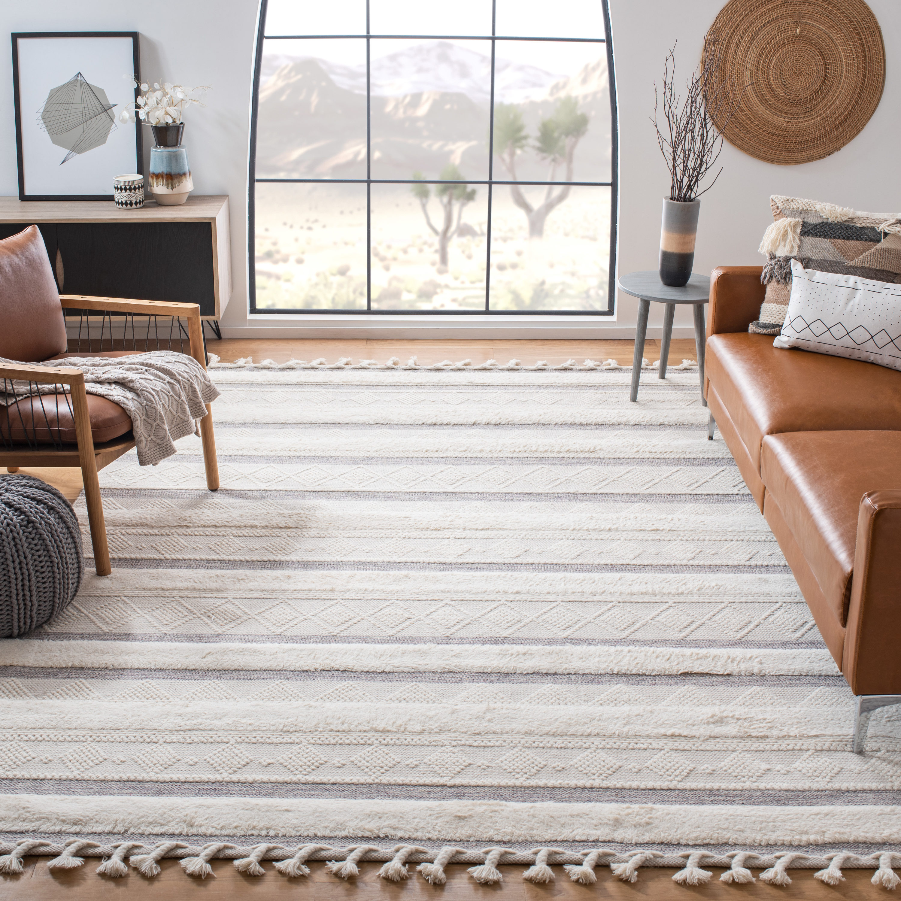 Ivory Hand-Knotted Wool Stripe Rectangular Rug 59"