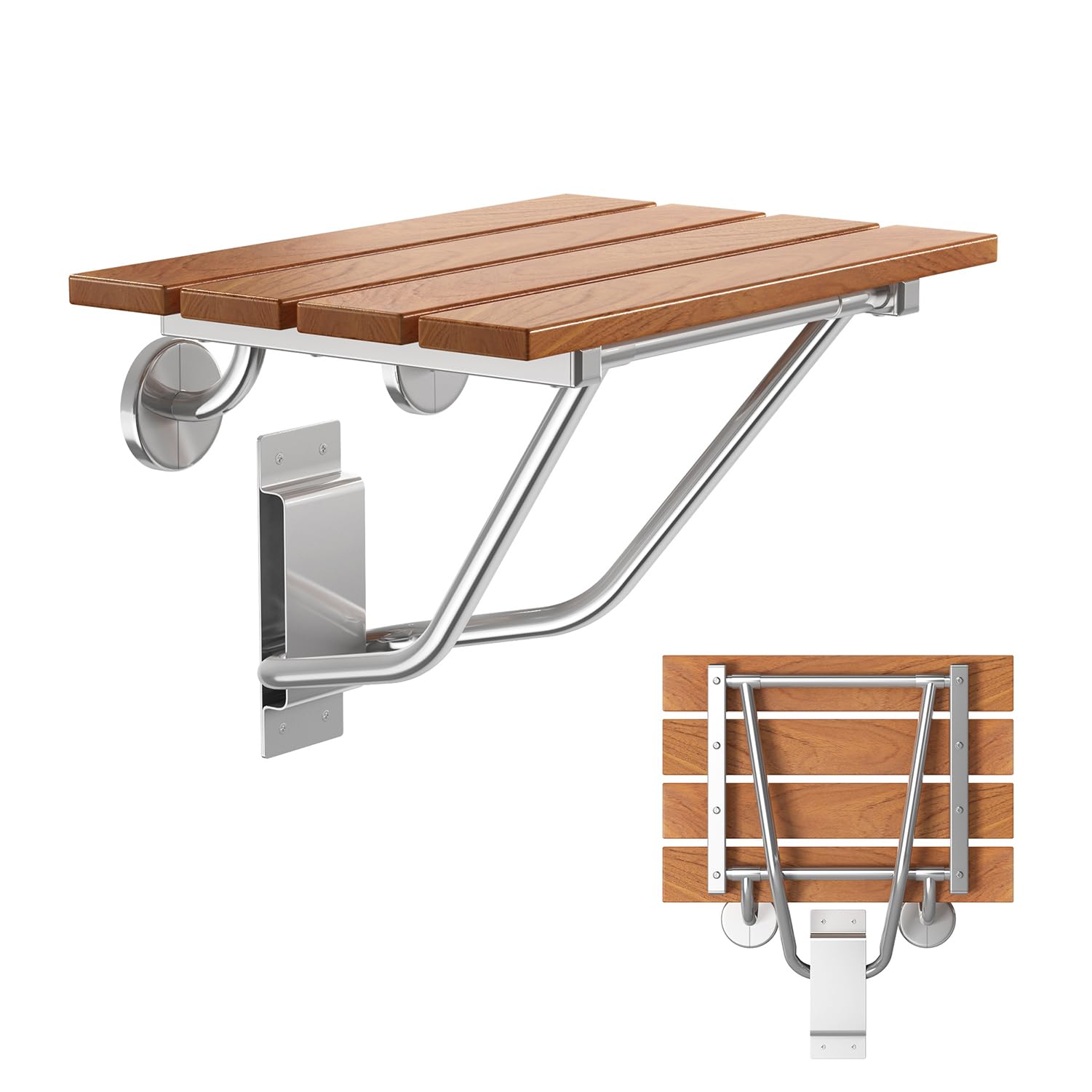 Ahfiwaso  Folding Shower Seat Wall Mounted Fold Down Shower Bench for Adults Inside Shower Small Spaces Foldable Teak Extra Large