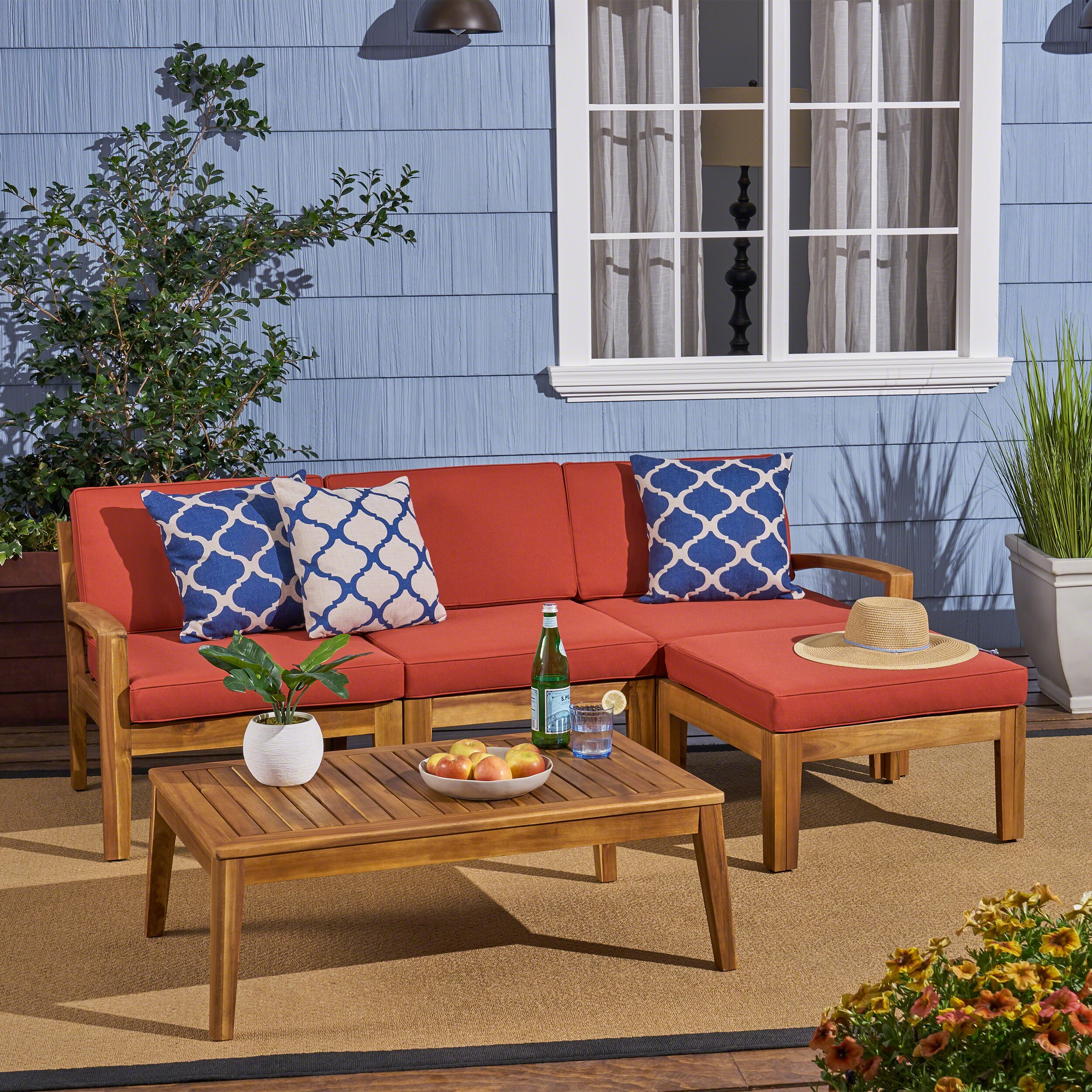 ES-DIY DIPF0055 5 -Piece Patio Conversation Set with Red Cushions
