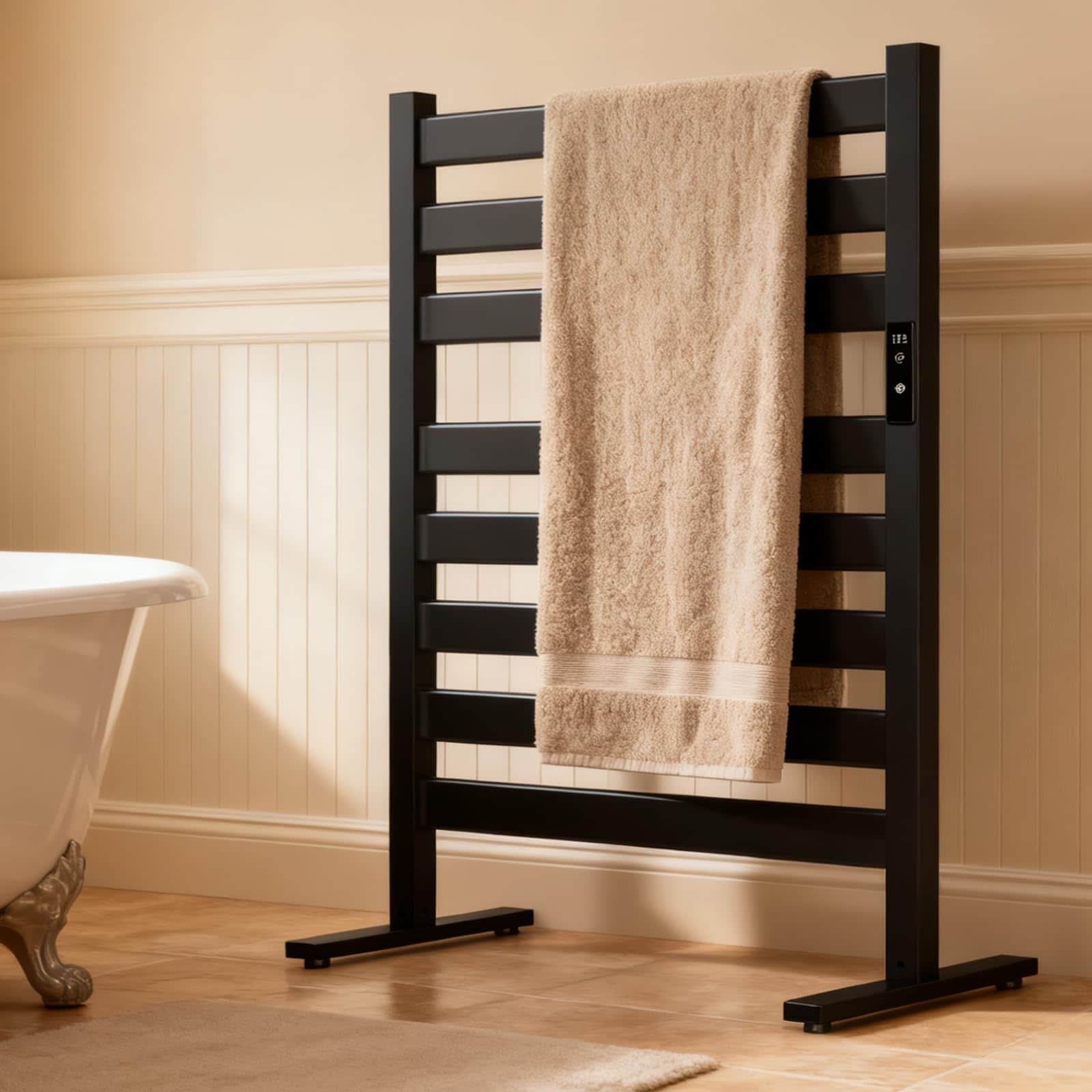 UUDULY  Heated Towel Rack Free Standing Bathroom Warmer with Adjustable Temperature and Timer Large 8 Bar Black durable home and garden accessory