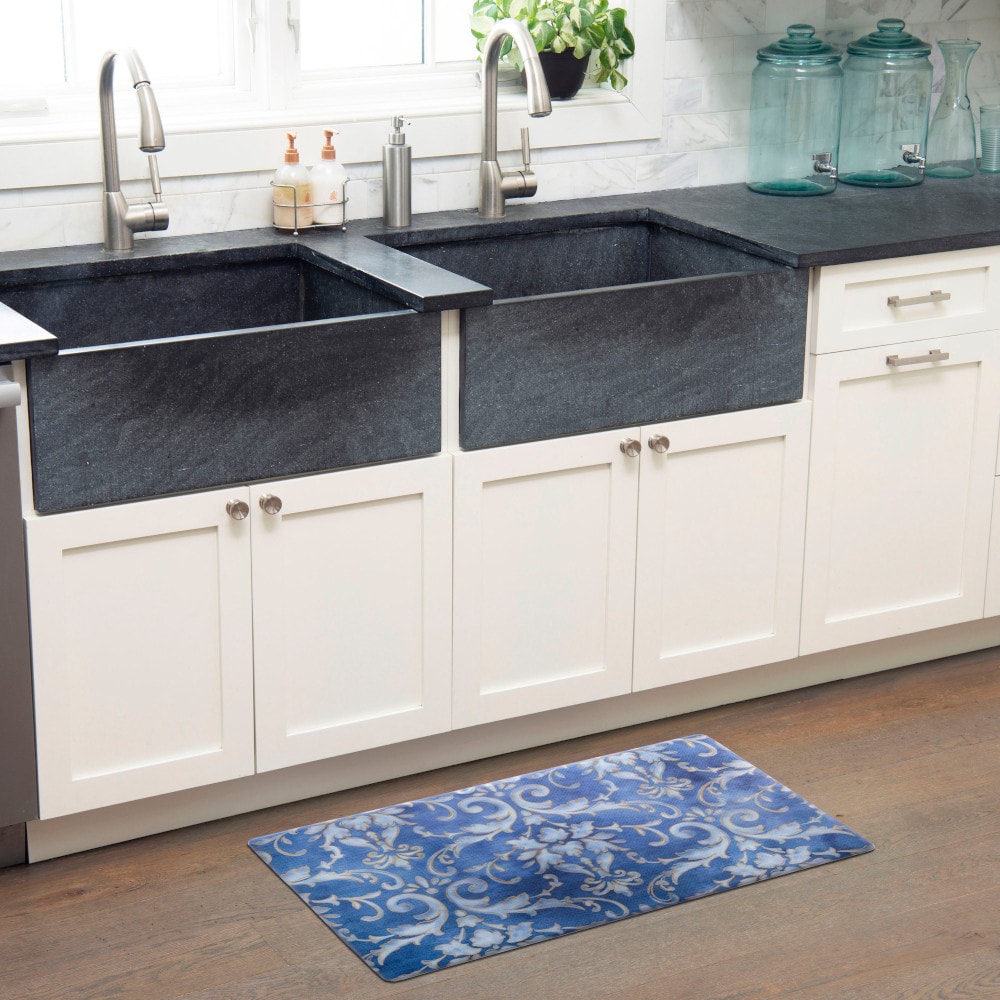 Blue and Gold Watercolor Damask Anti-Fatigue Kitchen Mat, 20" x 36"