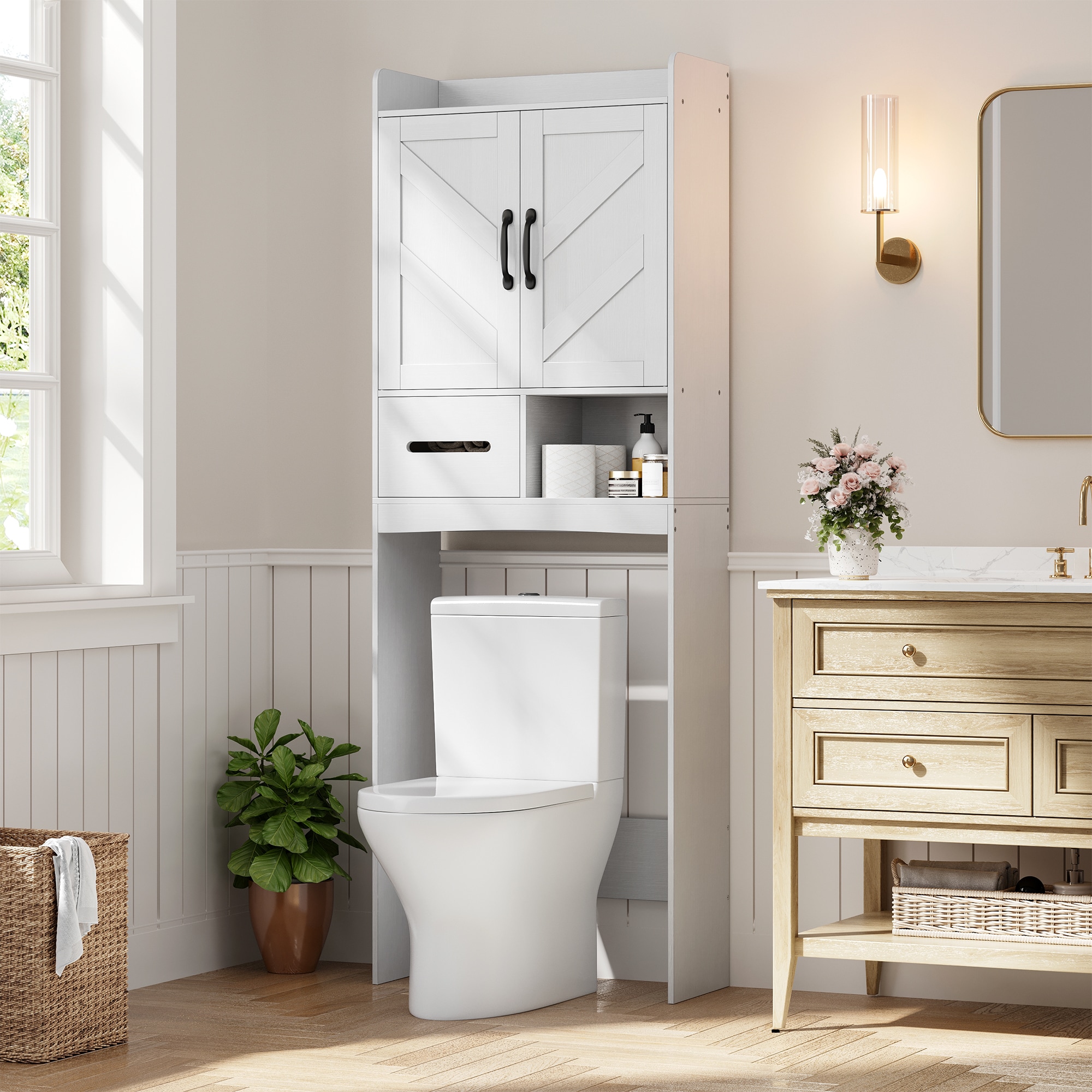 GarveeLife 23.6-in x 9.5-in x 65.3-in White Over-the-Toilet Storage Cabinet with Adjustable Shelf and Toilet Paper Holder